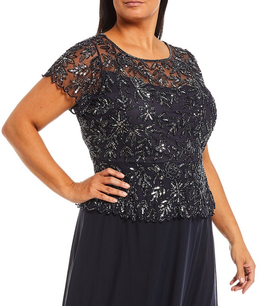 Pisarro Nights Plus Size Floral Vines Beaded Short Sleeve Peplum Flounce Bodice Chiffon Skirted Dress