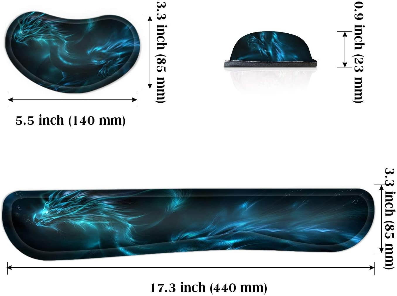 Meffort Inc Gaming Keyboard Wrist Pad & Mouse Wrist Rest Cushion Support Combo Set &ndash; Durable Ergonomic Anti Slip Non-Slip Base - Blue Dragon Design