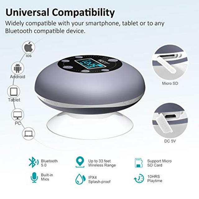 Shower Speaker, Bluetooth Shower Speaker Water Resistant with LCD Clock Display, Loud HD Sound, Suction Cup, HOTT Shower Radio with 10H Playtime, FM, SD Card, Microphone, Free Call for iPhone