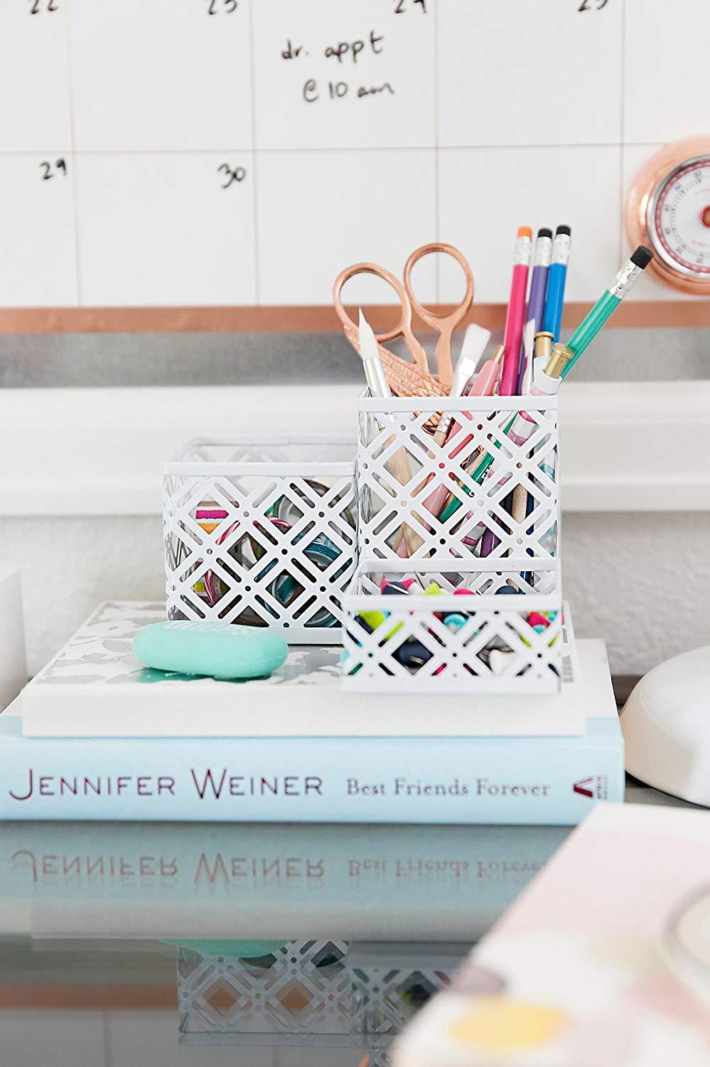 Blu Monaco White Desk Organizer - 5 Piece Interlocking Desk Accessories Set - Paper - Document Tray, Pen Cup, 3 Assorted Accessory Trays