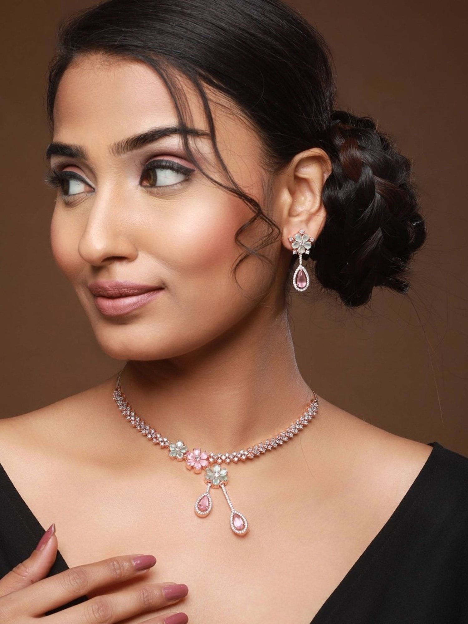 Aatmana Rose Gold-Plated Multi AD Studded Necklace & Earring Set