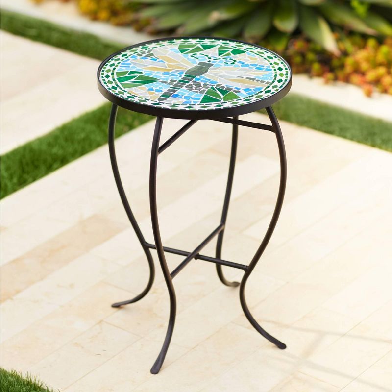 Teal Island Designs Dragonfly Mosaic Black Iron Outdoor Accent Table