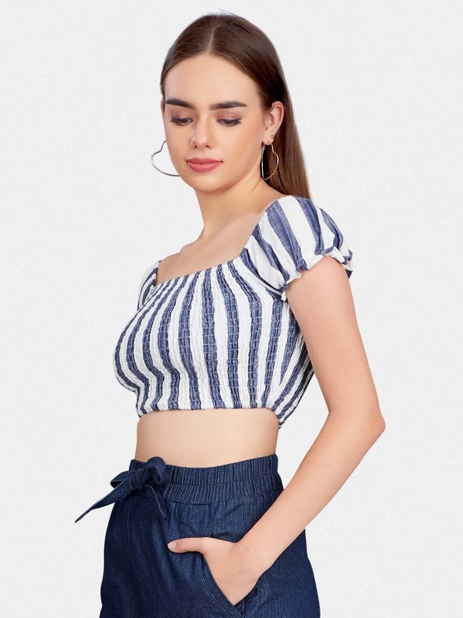 VASTRADO Blue & White Cotton Striped Crop Top