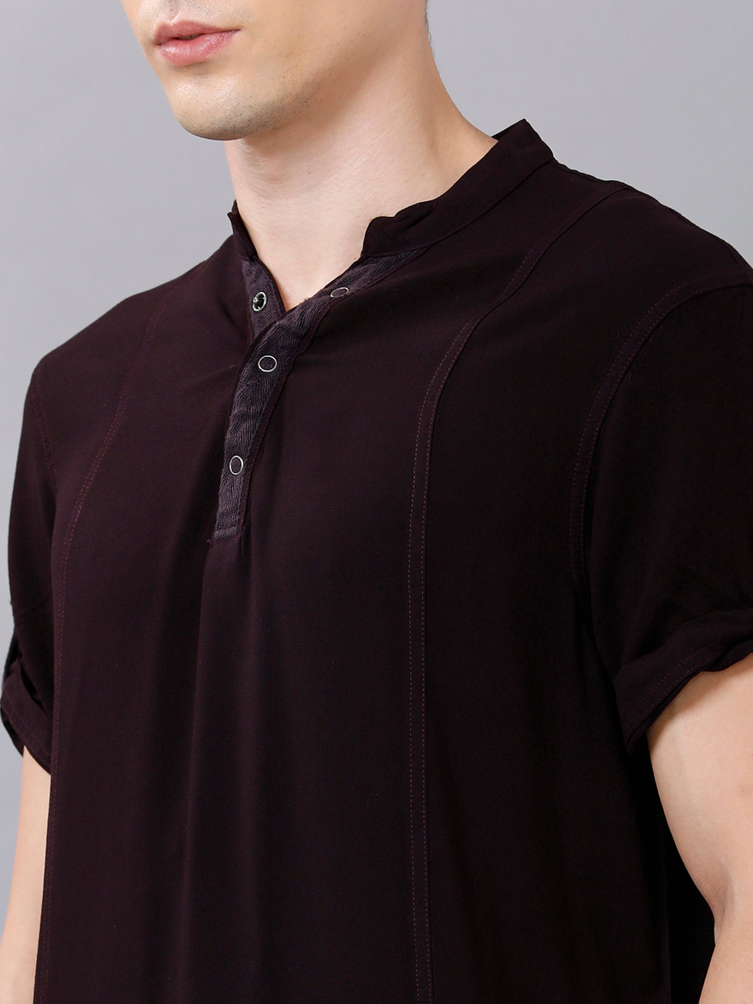 Identiti Dark Wine Mandarin Collar Short Kurta