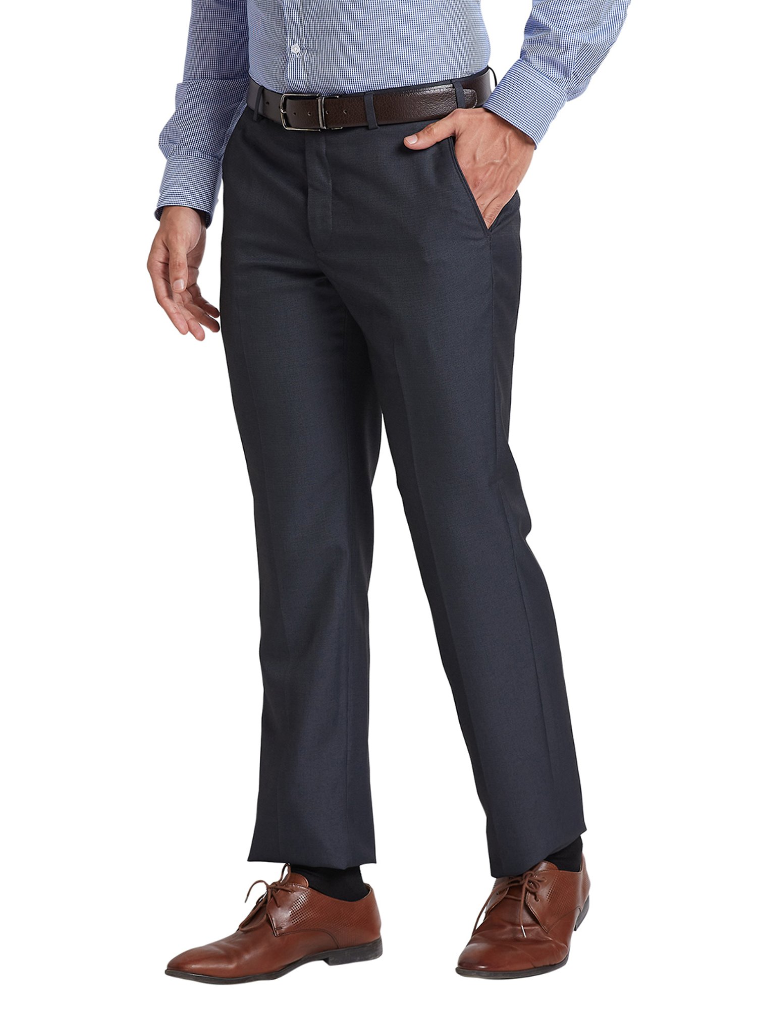 Park Avenue Dark Grey Regular Fit Self Design Flat Front Trousers