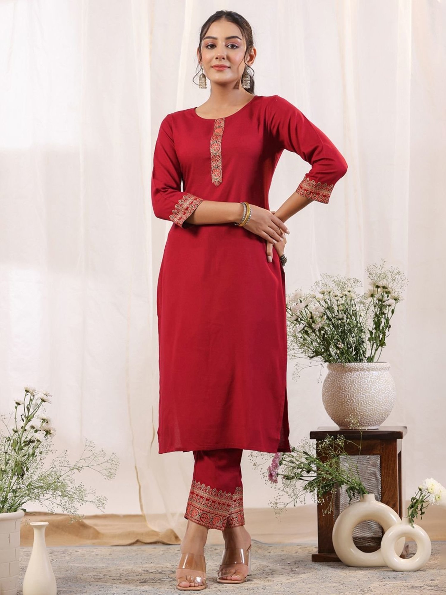 Anubhutee Maroon & Black Printed Kurta Pant Set With Dupatta