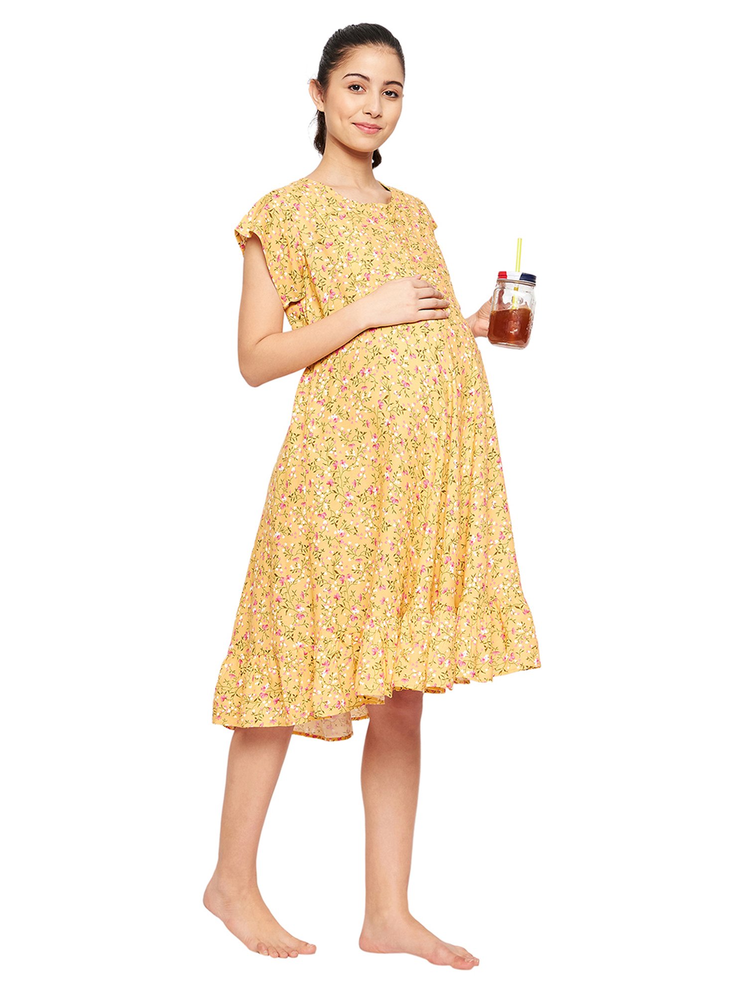 Hypernation Yellow Rayon Floral Print Maternity Night Dress