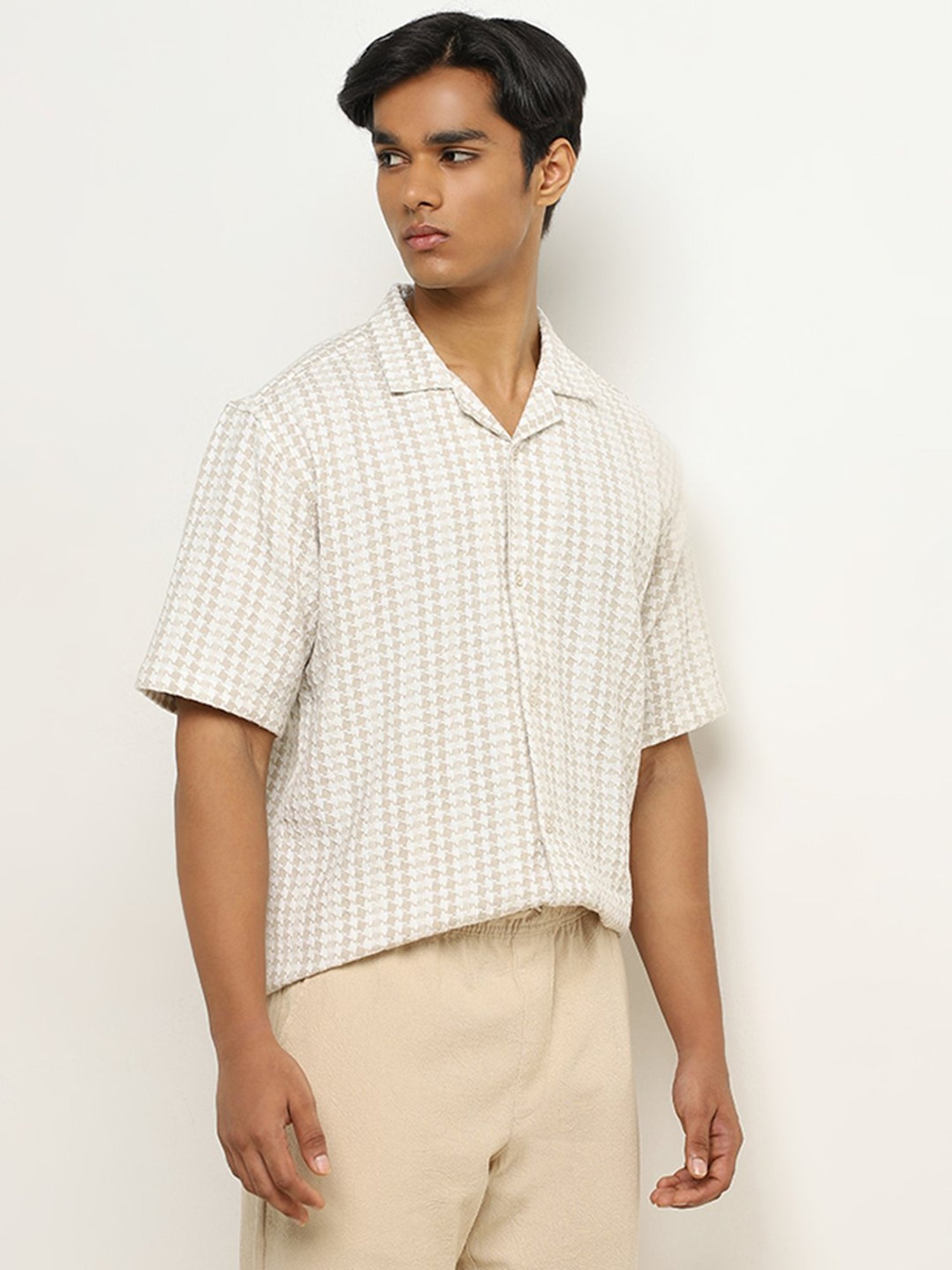 ETA by Westside Beige Houndstooth Design Relaxed-Fit Cotton Shirt