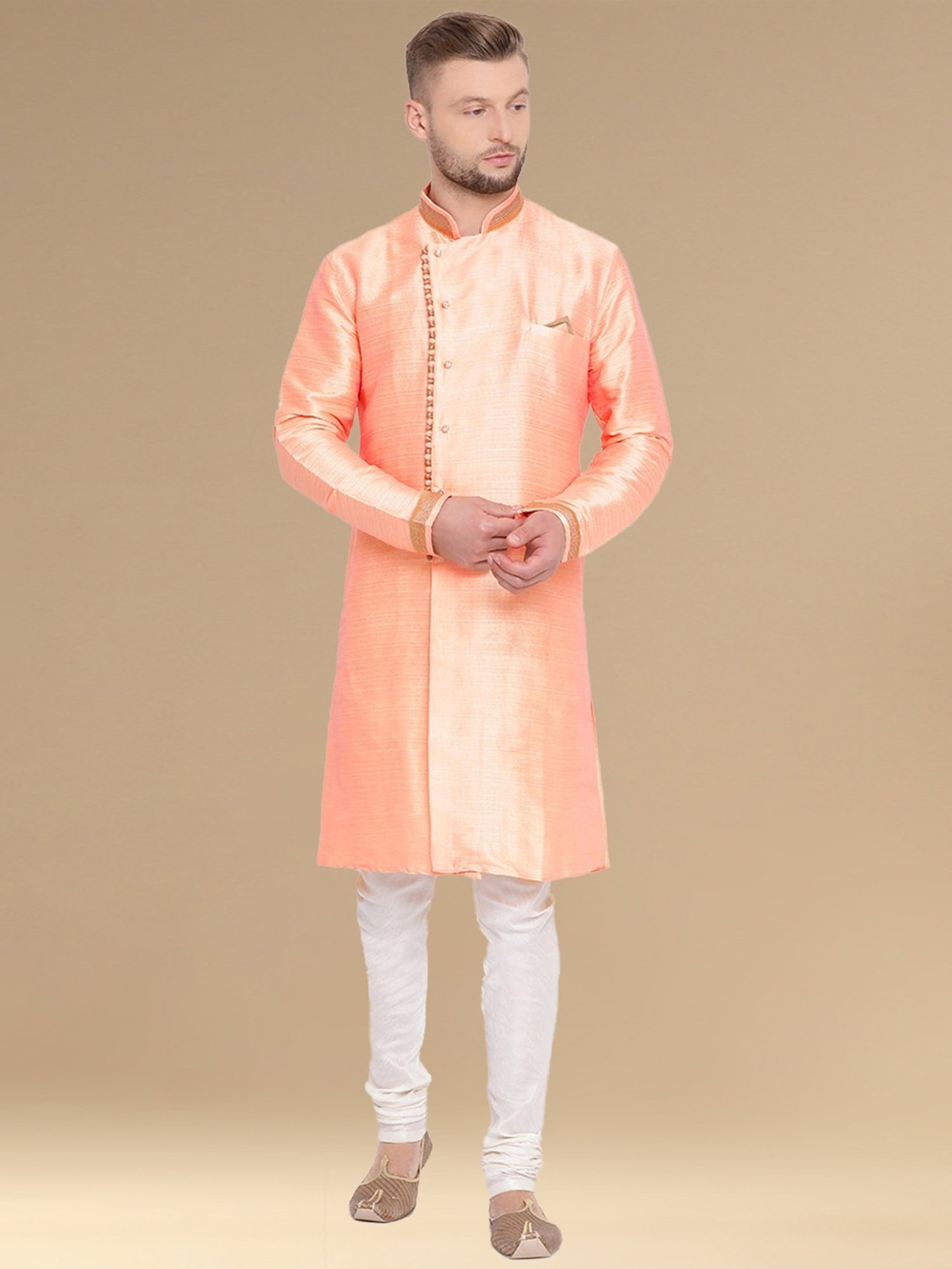 Sanwara Orange & White Cotton Regular Fit Texture Kurta Bottom Set
