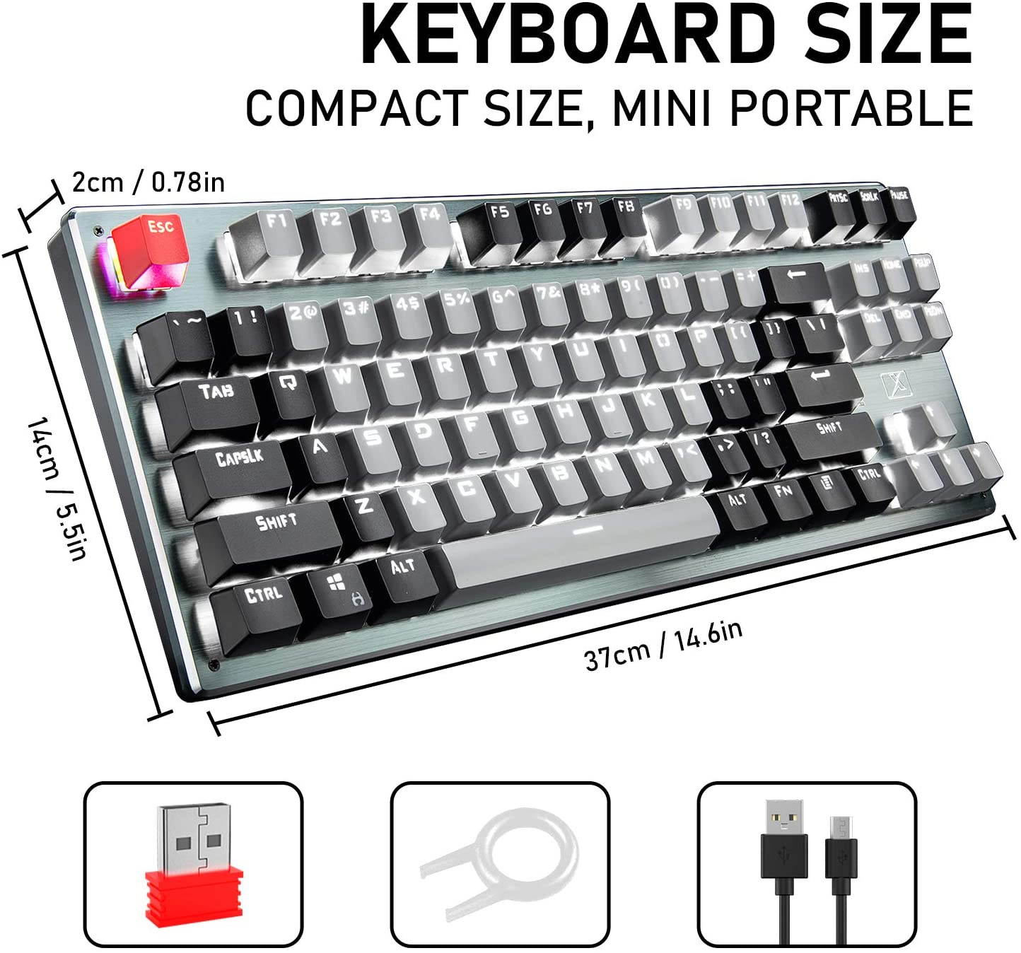 Bluetooth Mechanical Gaming Keyboard with LED Backlit 87 Anti-Ghosting Key Wired/Wireless USB Receiver Rechargeable Keyboard for PC Mac Gamer