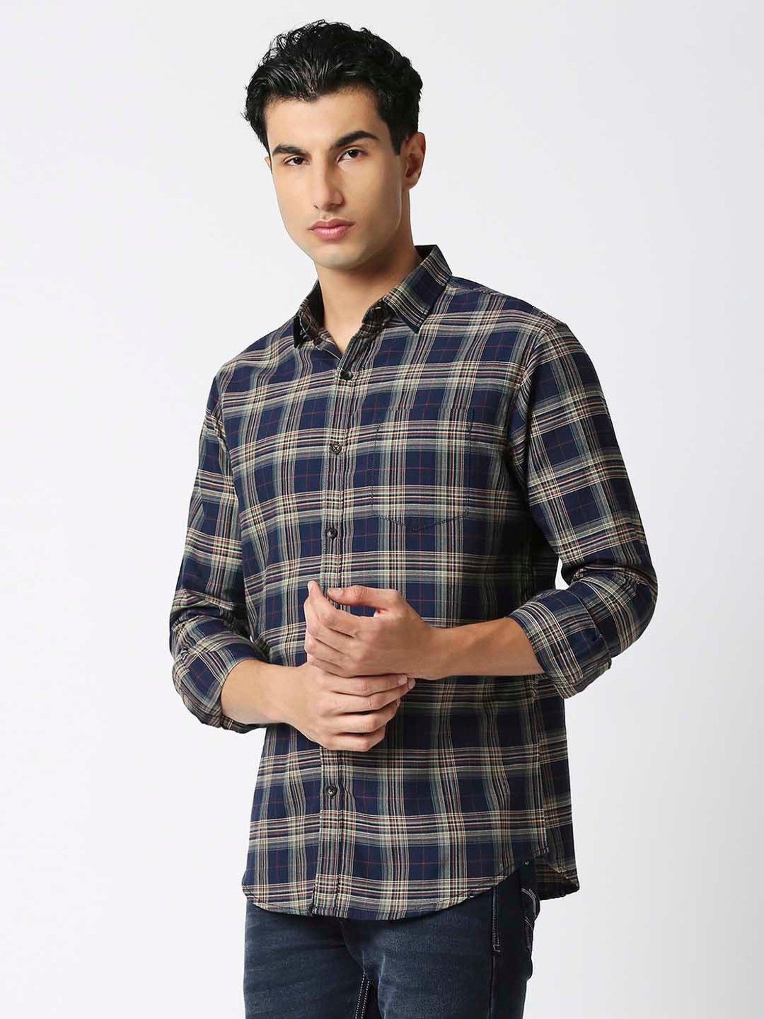 HJ HASASI Dark Blue Slim Fit Check Cotton Shirt