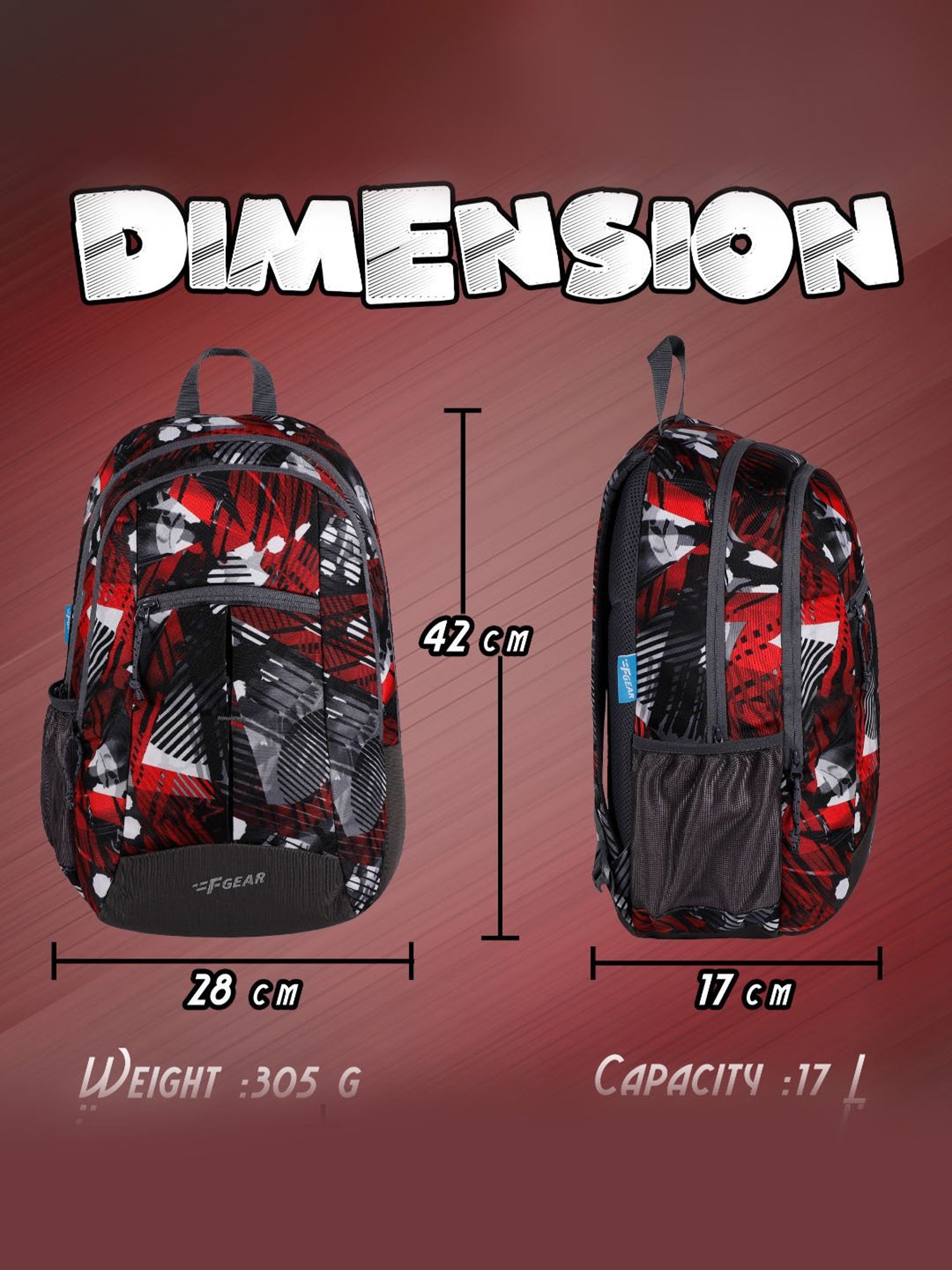 F Gear Ellis Geometric Black Red Printed Small Backpack