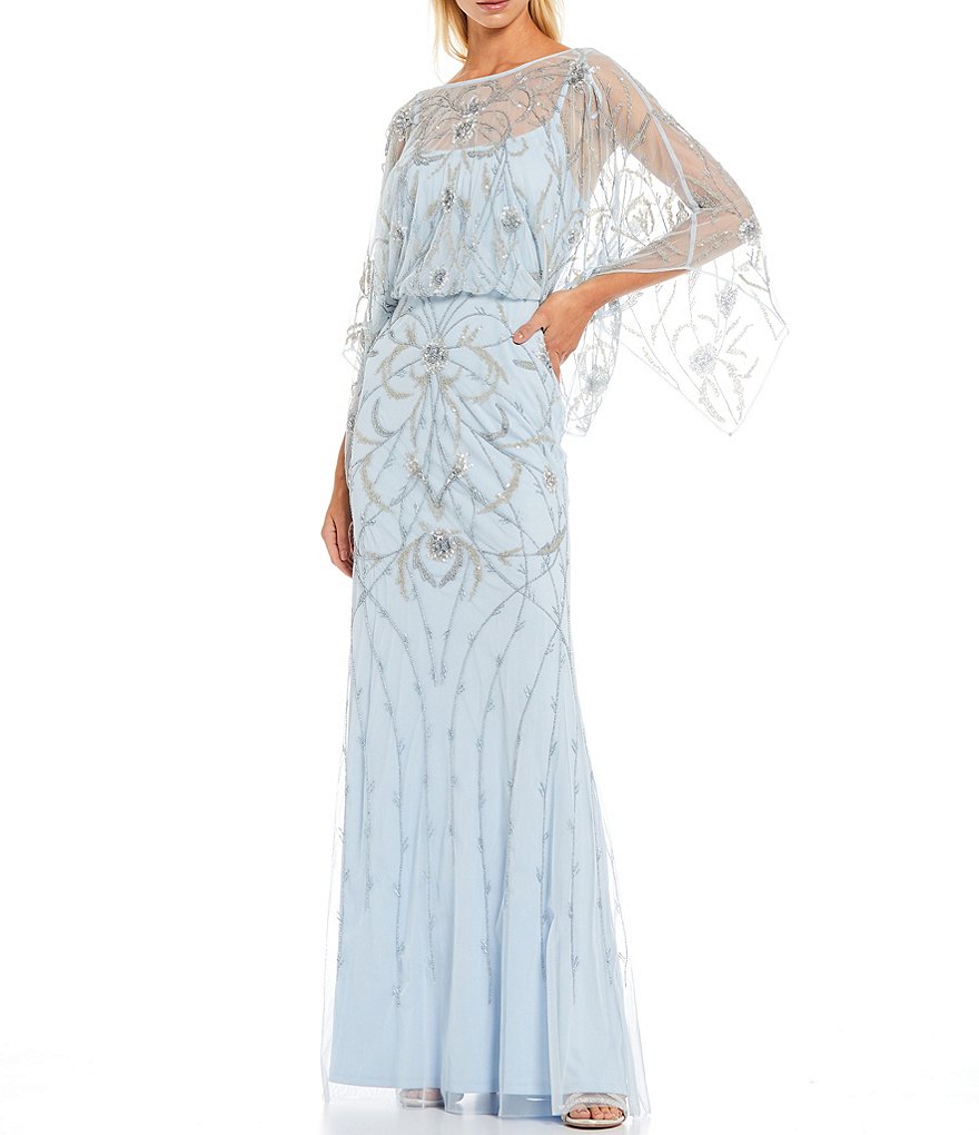 Aidan Mattox Fully Beaded 3/4 Flutter Sleeve Blouson Gown