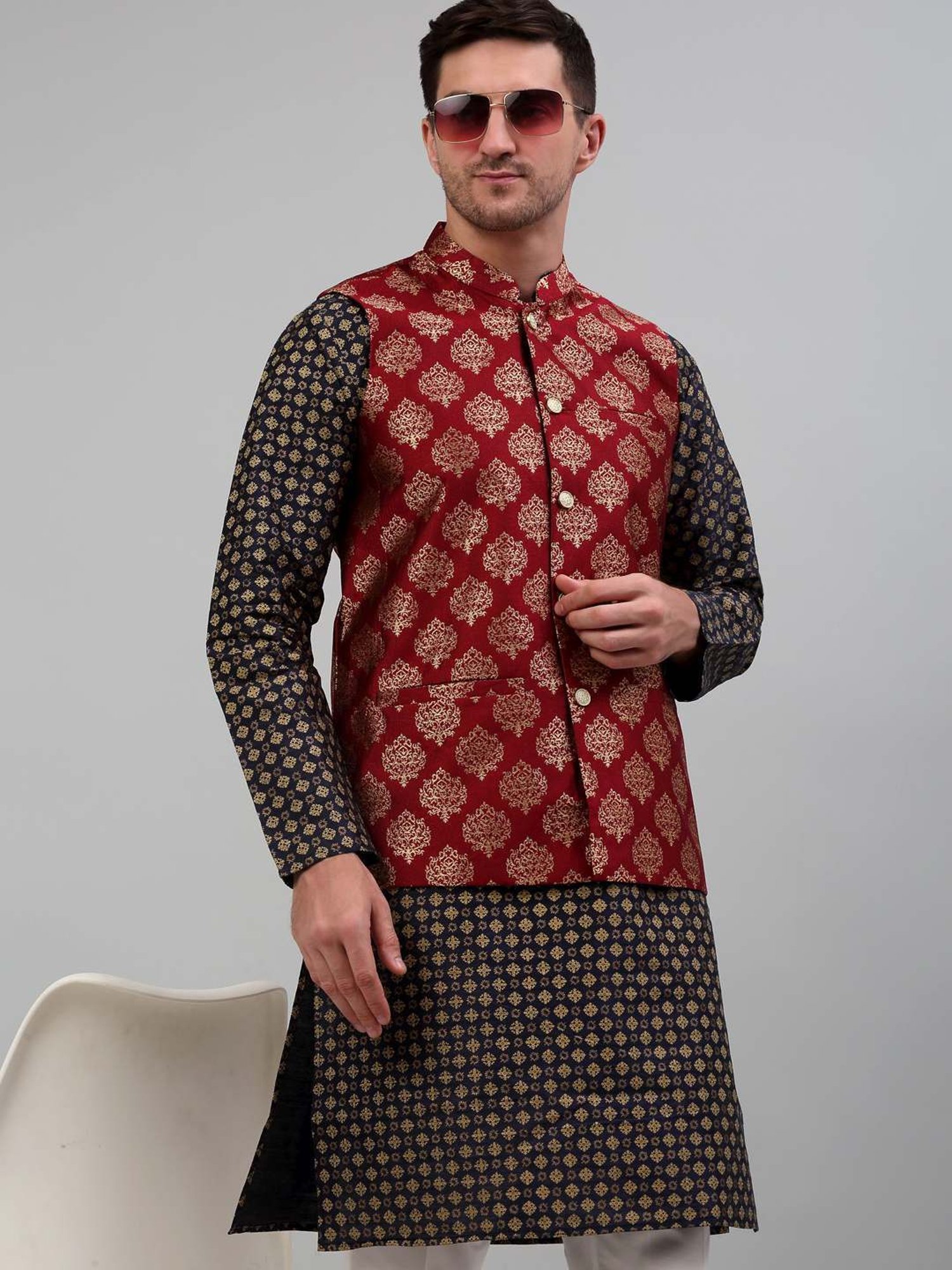 Jompers Maroon Regular Fit Printed Nehru Jacket
