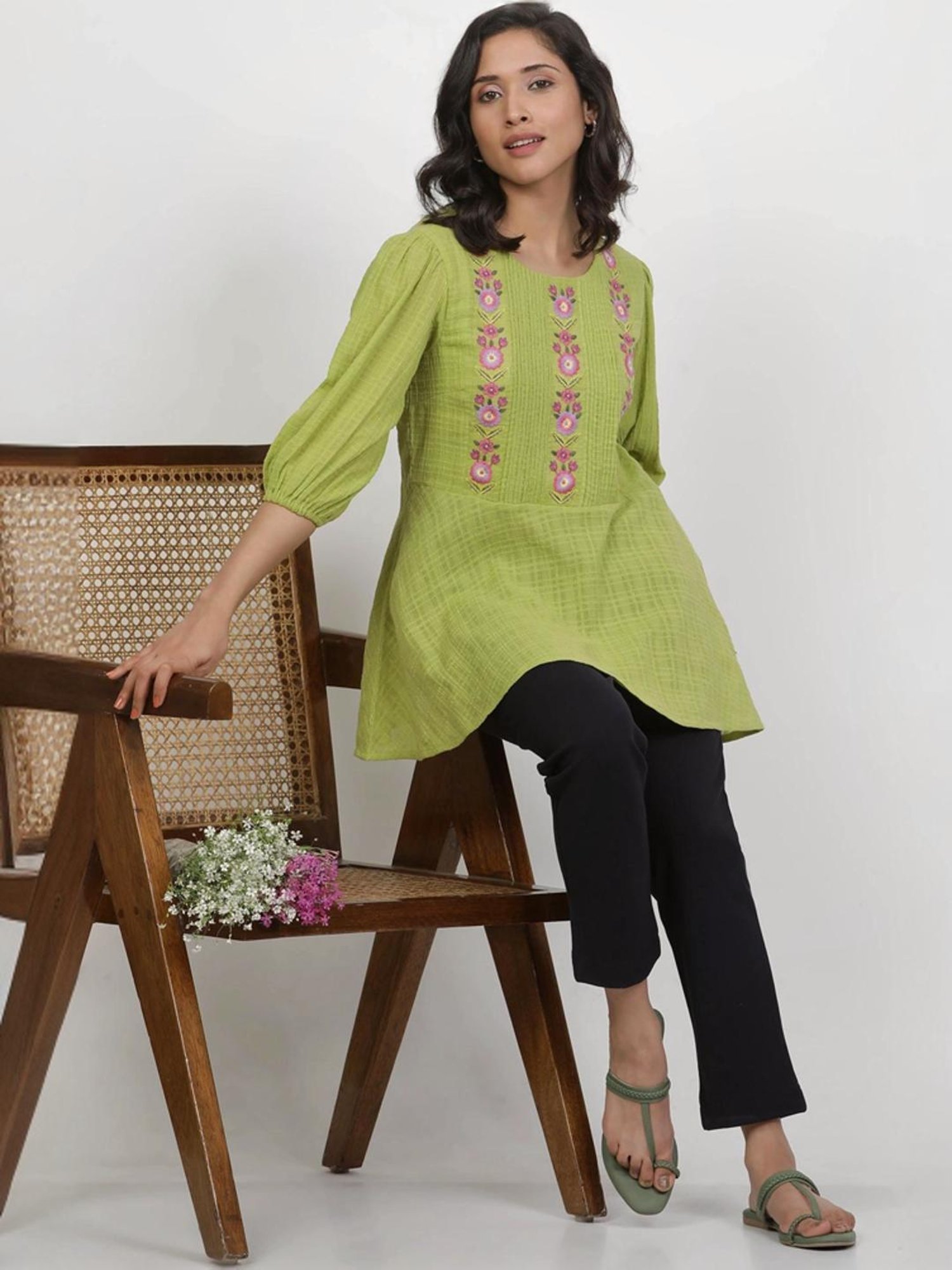 W Green Cotton Embroidered Top