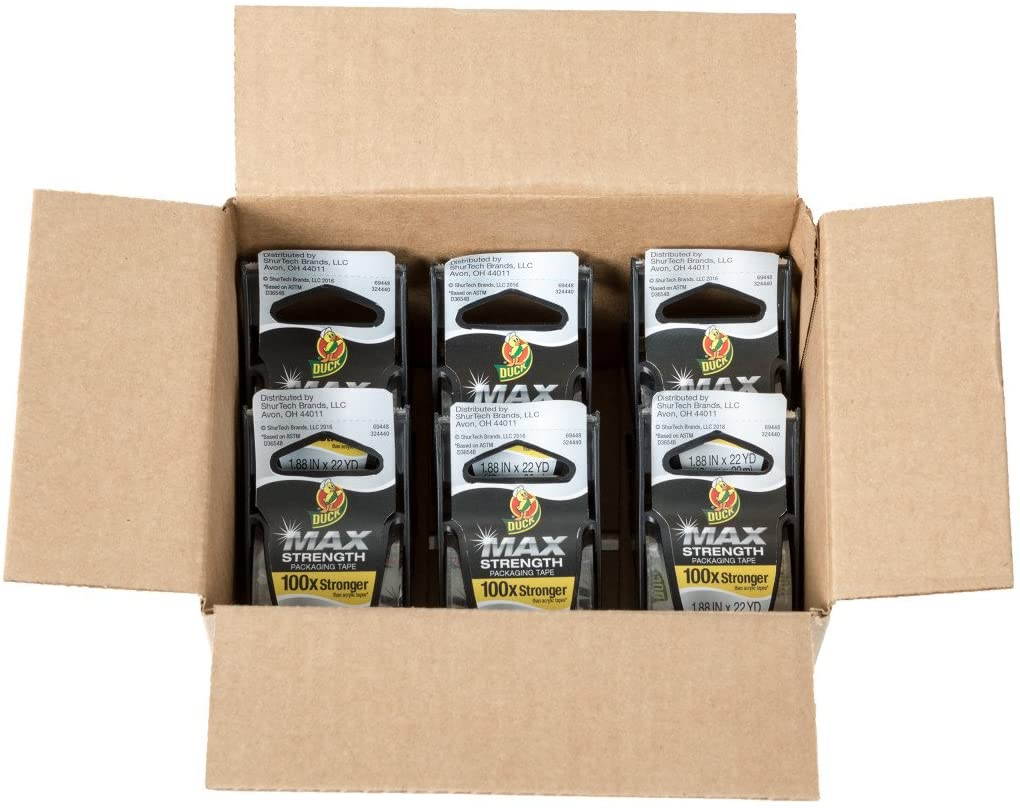Duck 284983 Max Packaging Tape W/Disposable Dispenser, 1.88 Inch X22Yds, 1 1/2 Inch Core, Clear, 6/Pk