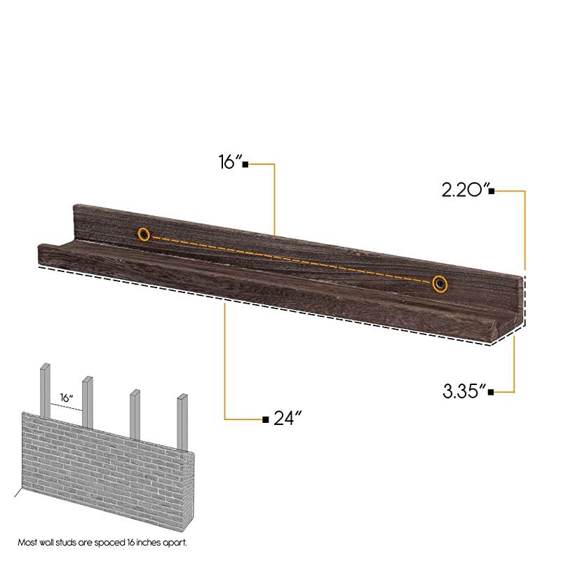 Ted Wall Mount Narrow Picture Ledge Shelf Display | 24 Inch Floating Wooden Shelves Distressed Brown Set of 2