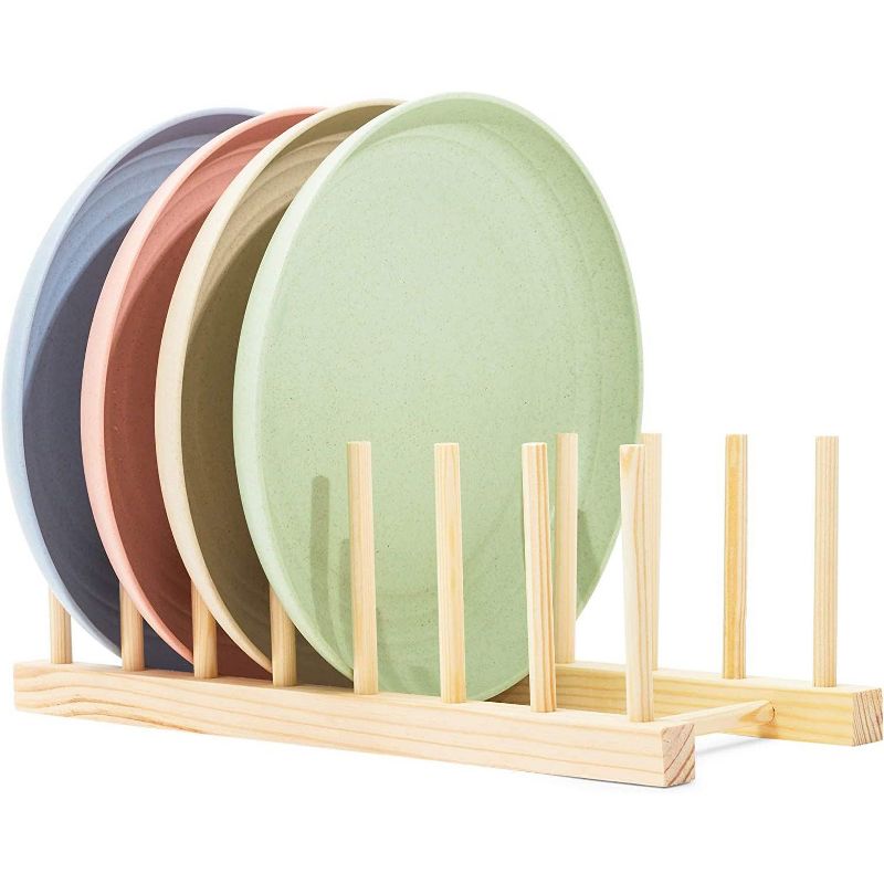 3 Pack 12" Brown Wooden Dish Drying Rack Stand Plate Holder Kitchen Cabinet Organizer for Bowl, Cup, Cutting Board, Pot Lid