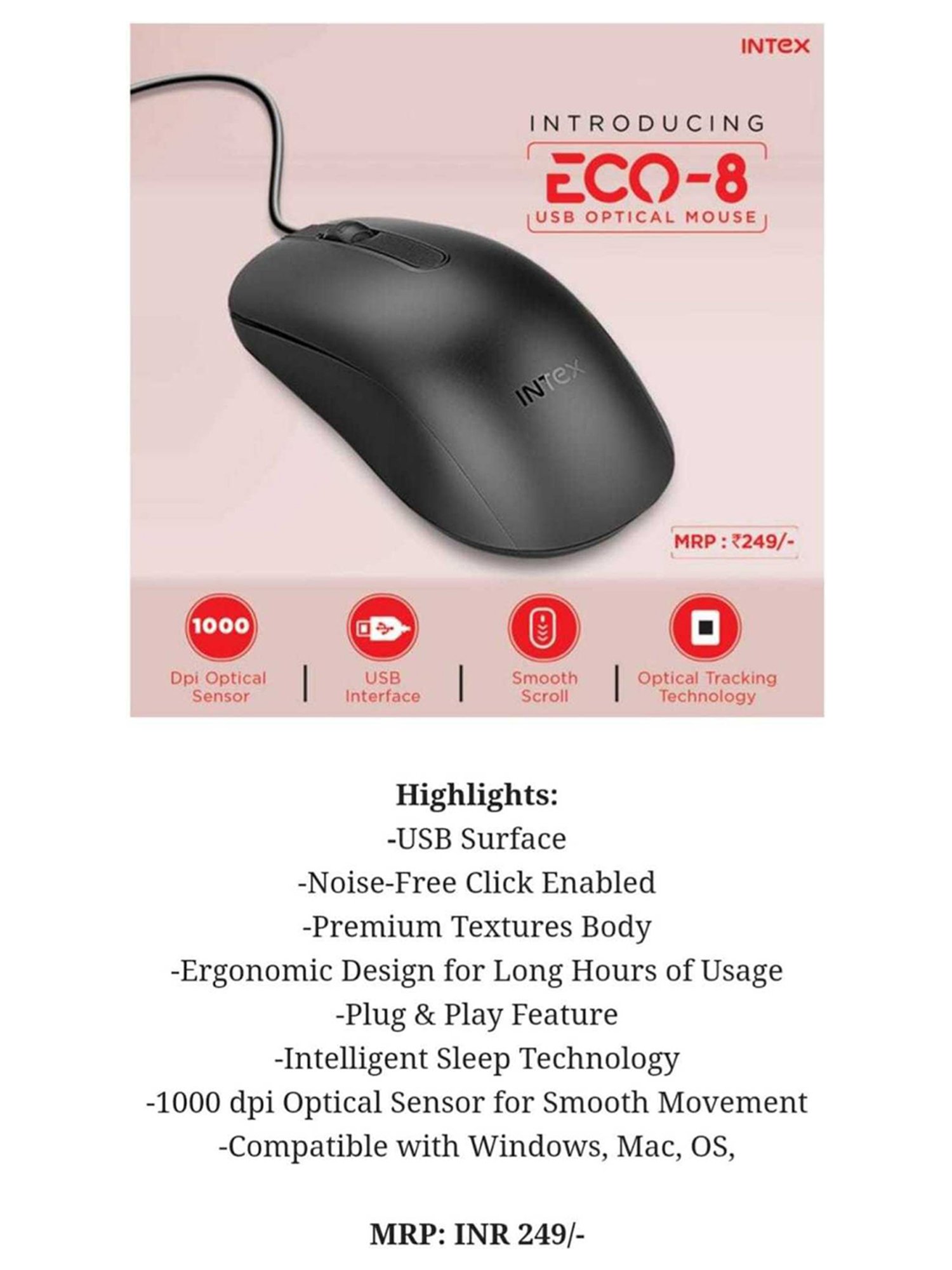 Intex ECO-8 Wired Optical Mouse (Black)