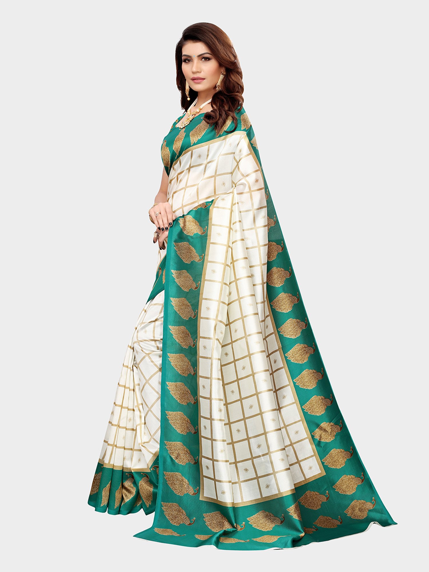 KSUT Ivory & Turquoise Check Saree With Blouse
