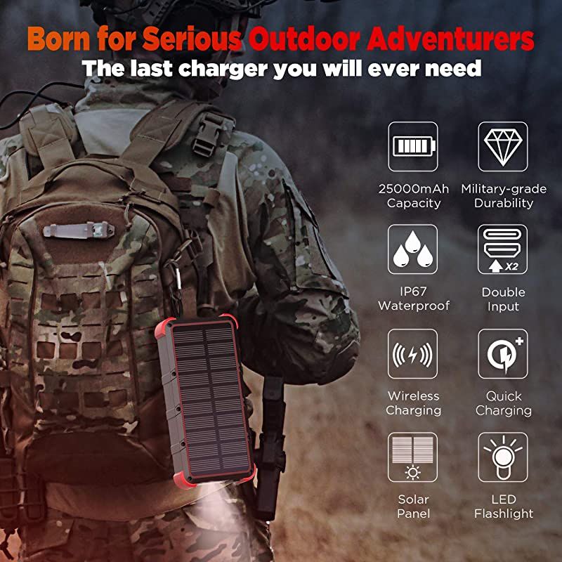 25000mAh Wireless Solar Power Bank IP67 Waterproof Solar Phone Charger with Flashlight Dual Input Type C Micro USB