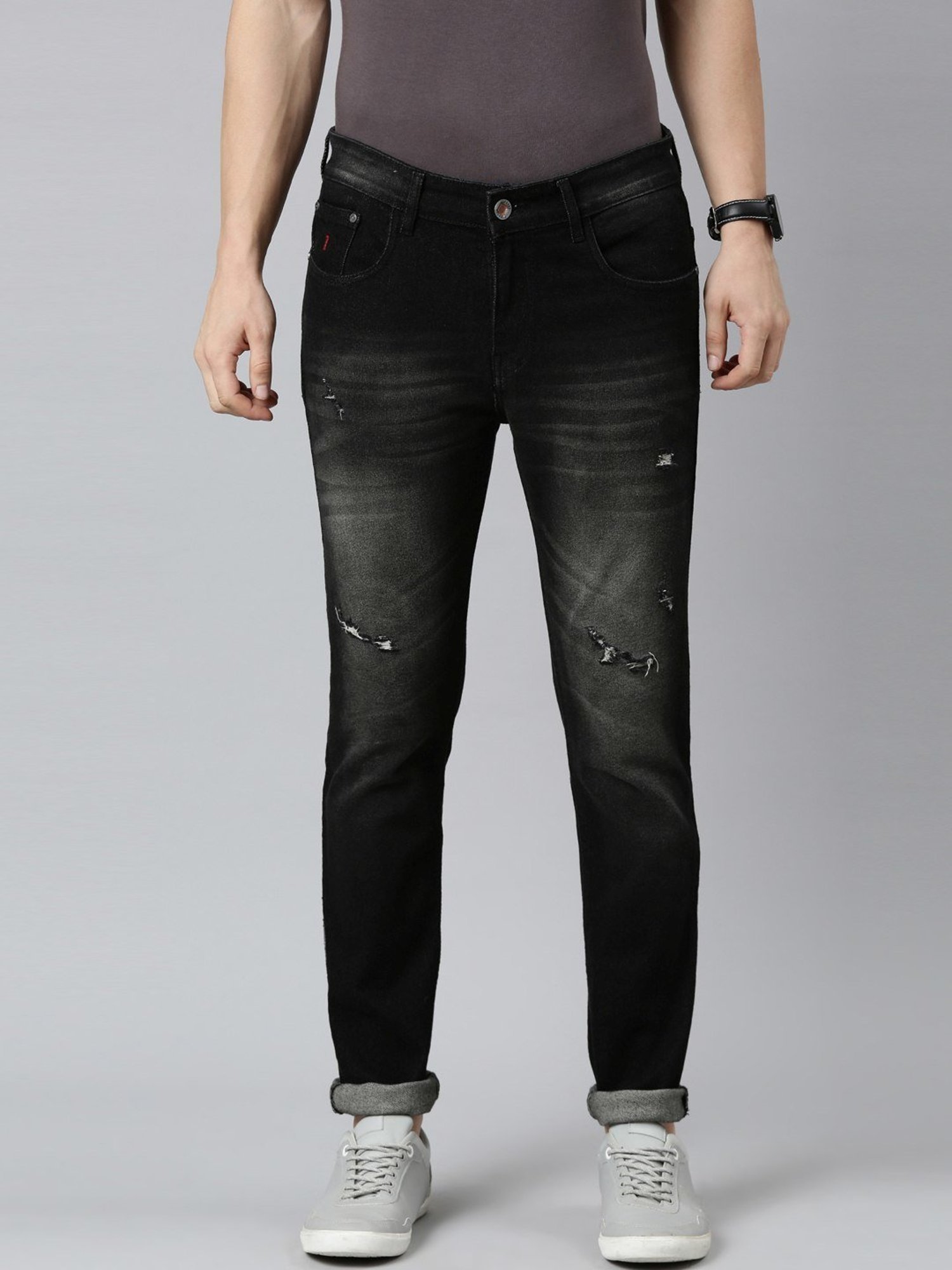 CINOCCI Charcoal Cotton Slim Fit Distressed Jeans