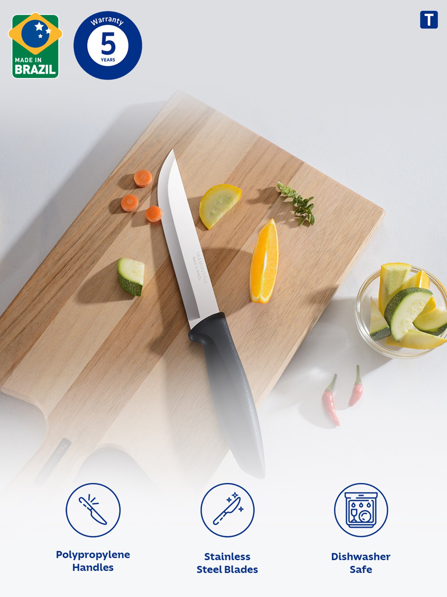 Tramontina Plenus Stainless Steel Kitchen Knife 12cm/5.9" Black Serrated Edge Kitchen Knife