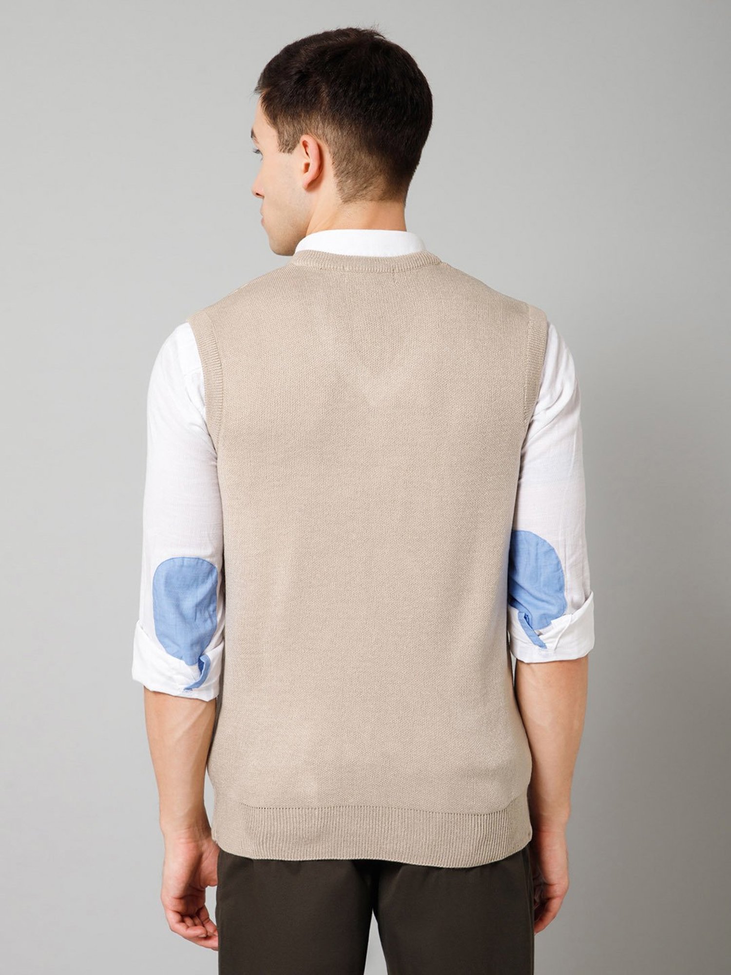 Cantabil Beige Regular Fit Sleeveless Check Sweater