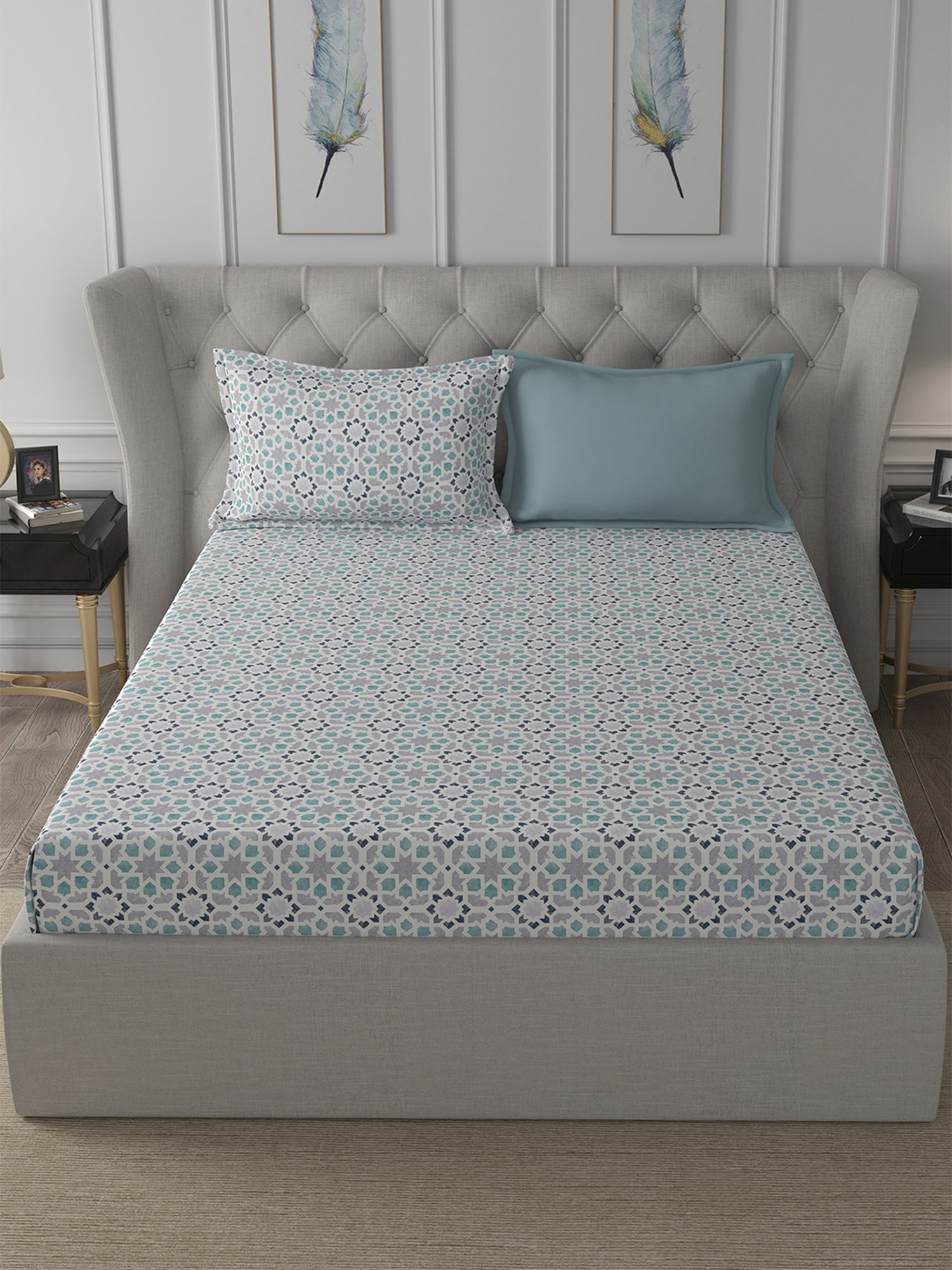 In-House by Maspar Blue 200 TC Cotton Printed Bed Sheet with 2 Pillow Cover