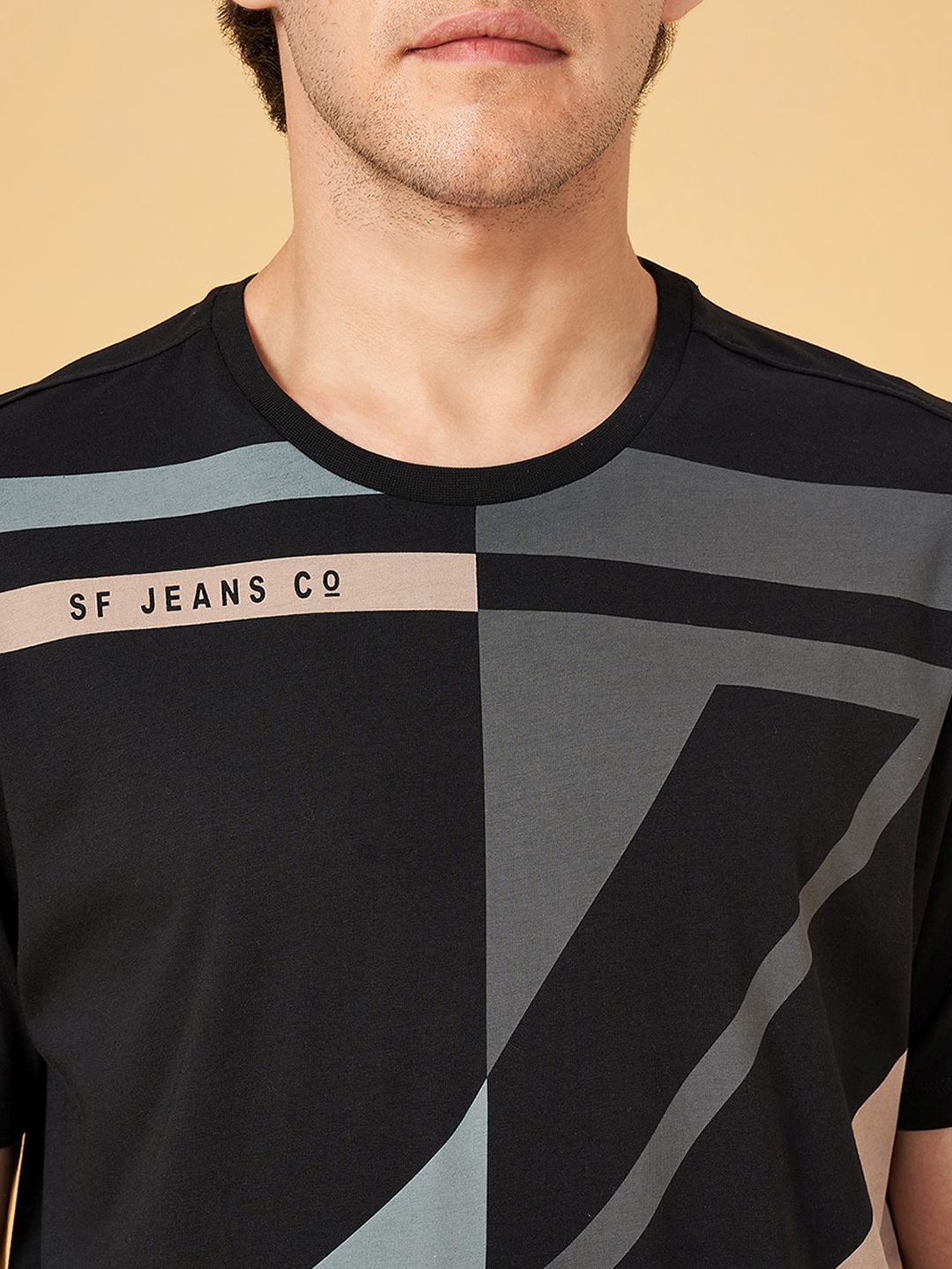 SF Jeans by Pantaloons Jet Black Cotton Slim Fit Printed T-Shirt