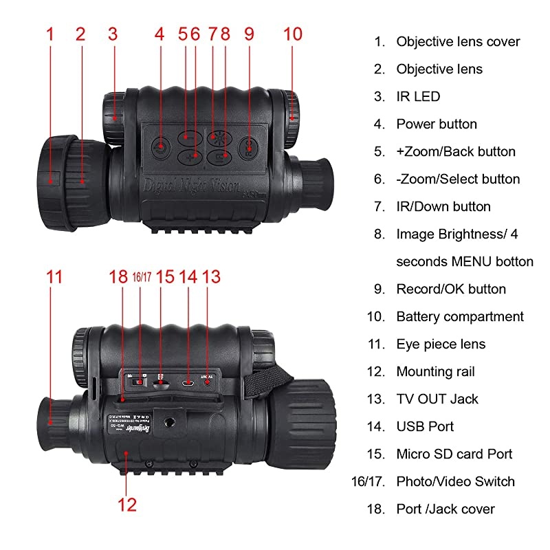 Vision Monocular, HD Digital Infrared Camera Scope 6x50mm with 1.5 inch TFT LCD High Power Hunting Gear Takes 5mp Photo 720 Video up to 350m/1150ft Detection Distance