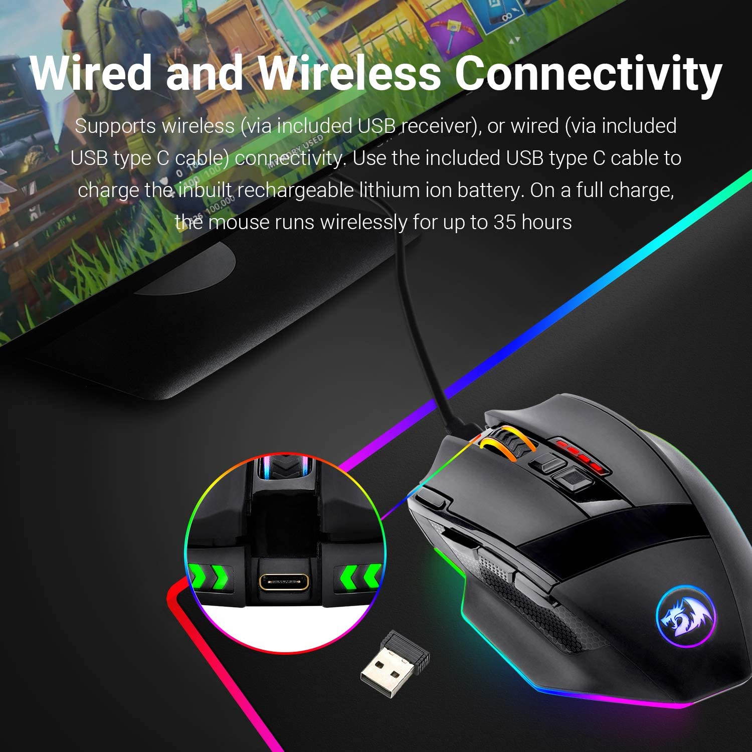 Redragon M801 PC Gaming Mouse LED RGB Backlit MMO 9 Programmable Buttons Mouse with Macro Recording Side Buttons Rapid Fire Button for Windows Computer Gamer (Wireless, Black)