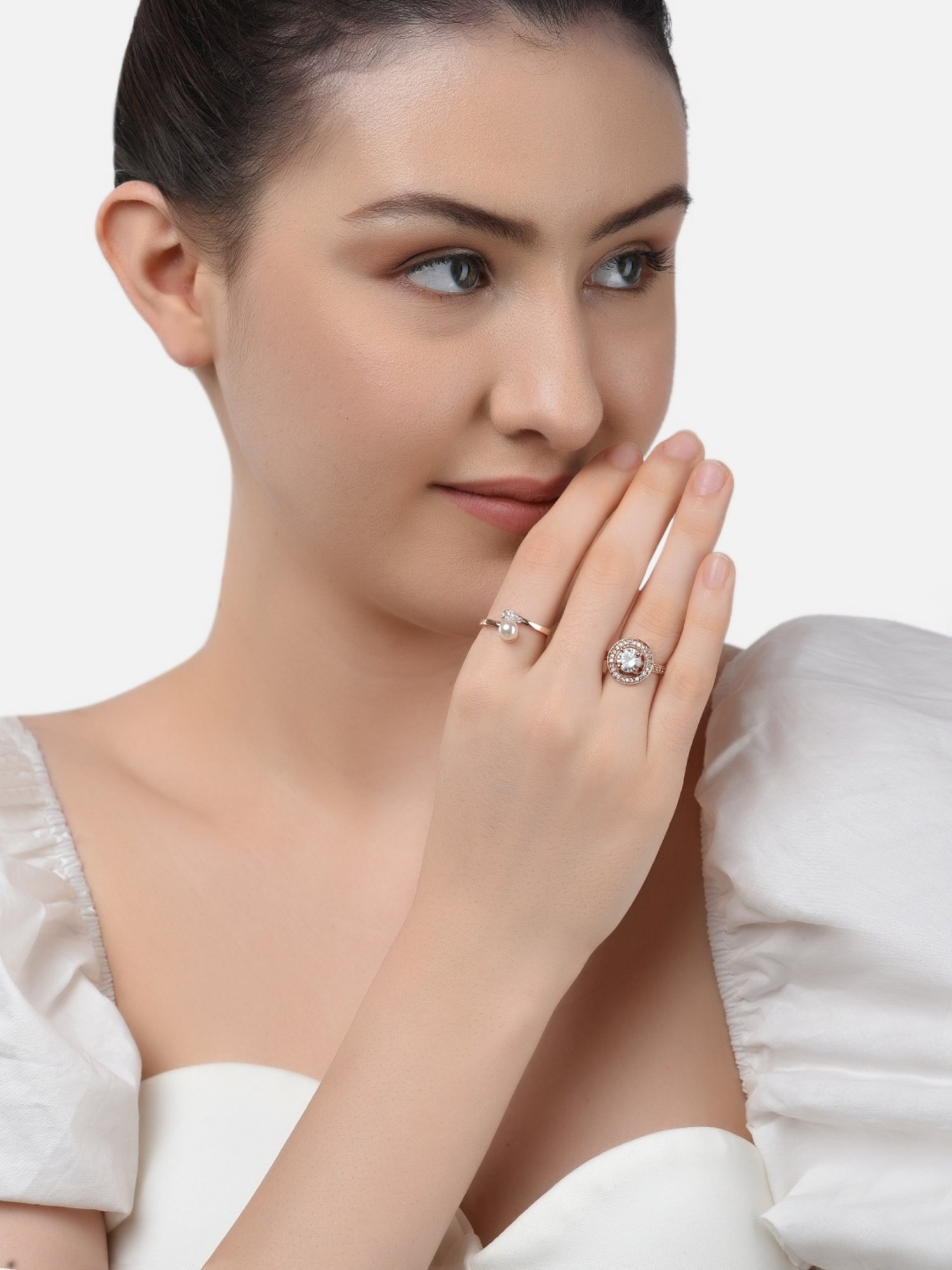 Zaveri Pears Set of 2 Rose Gold Contemporary Cubic Zirconia Brass Cocktail Ring - ZPFK11188