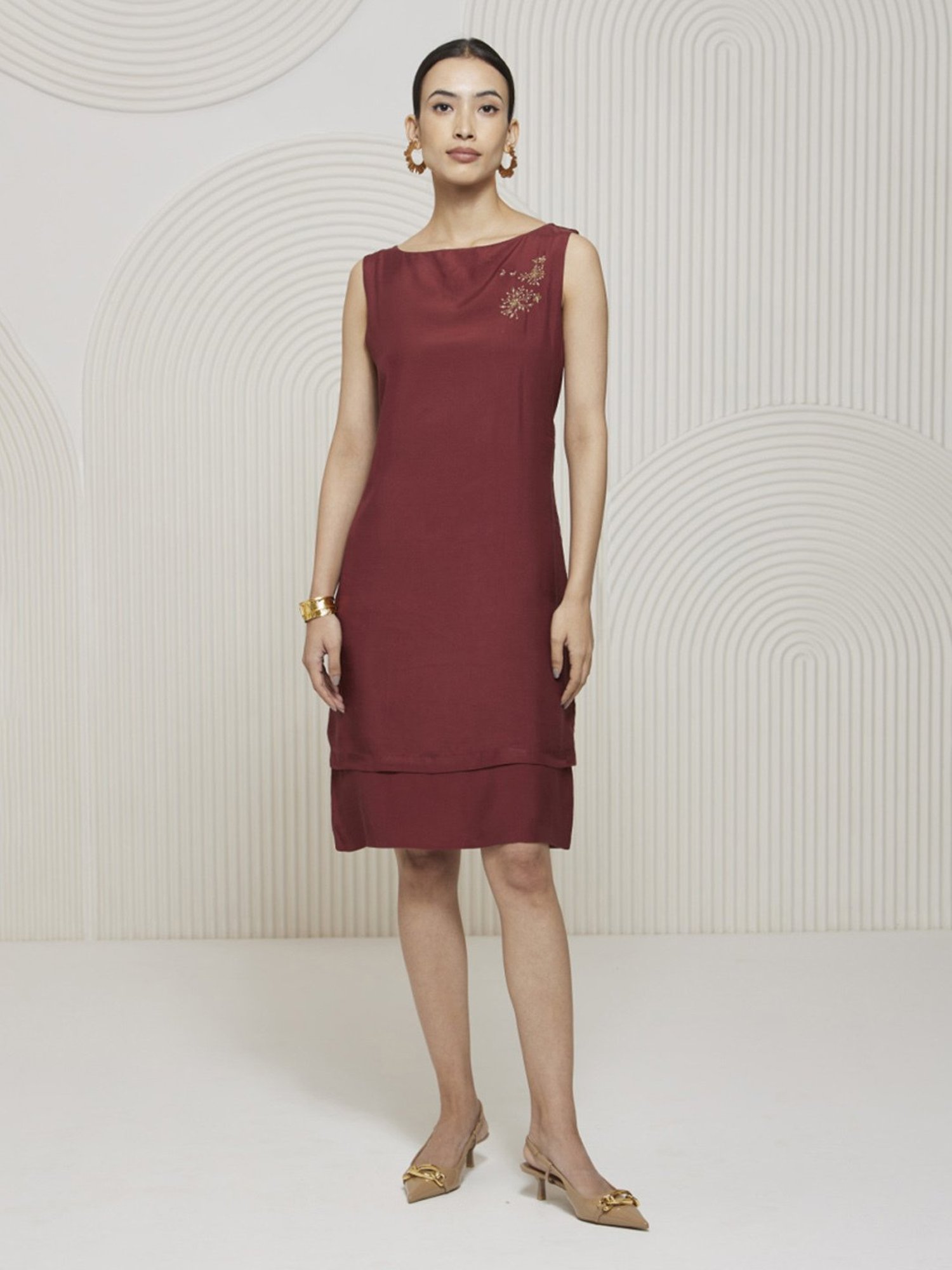 Artagai Tawny Port Romancing Aari Layered Shift Dress With Brooch Detail