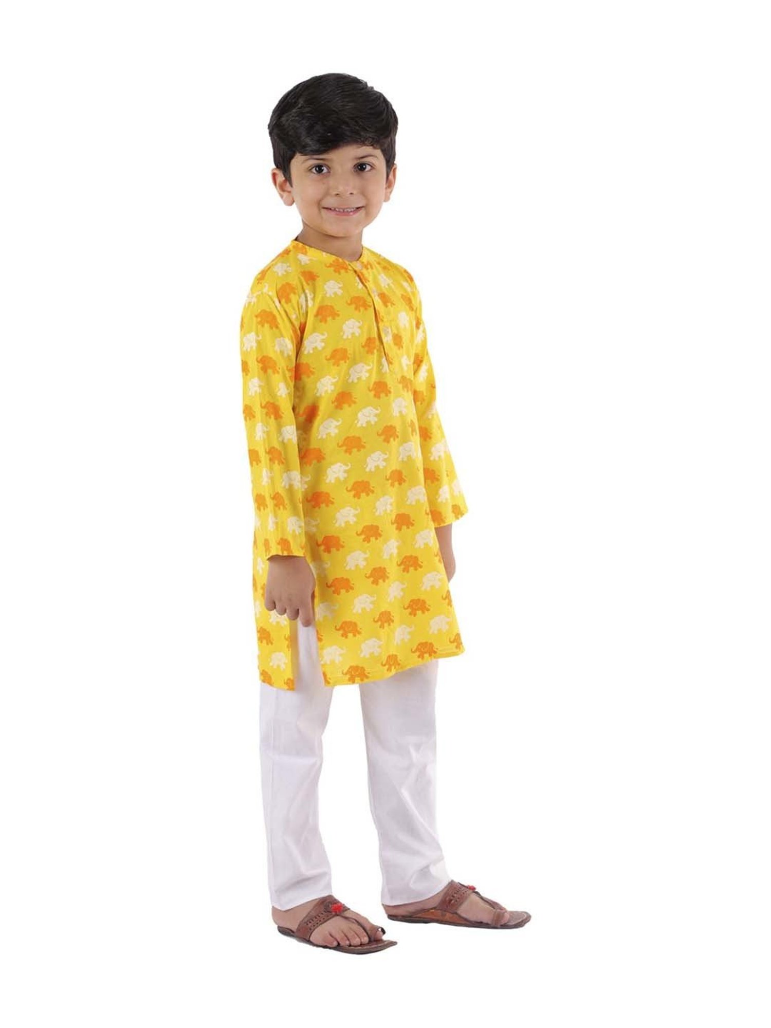 Ahhaaaa Kids Yellow & White Cotton Printed Kurta Set