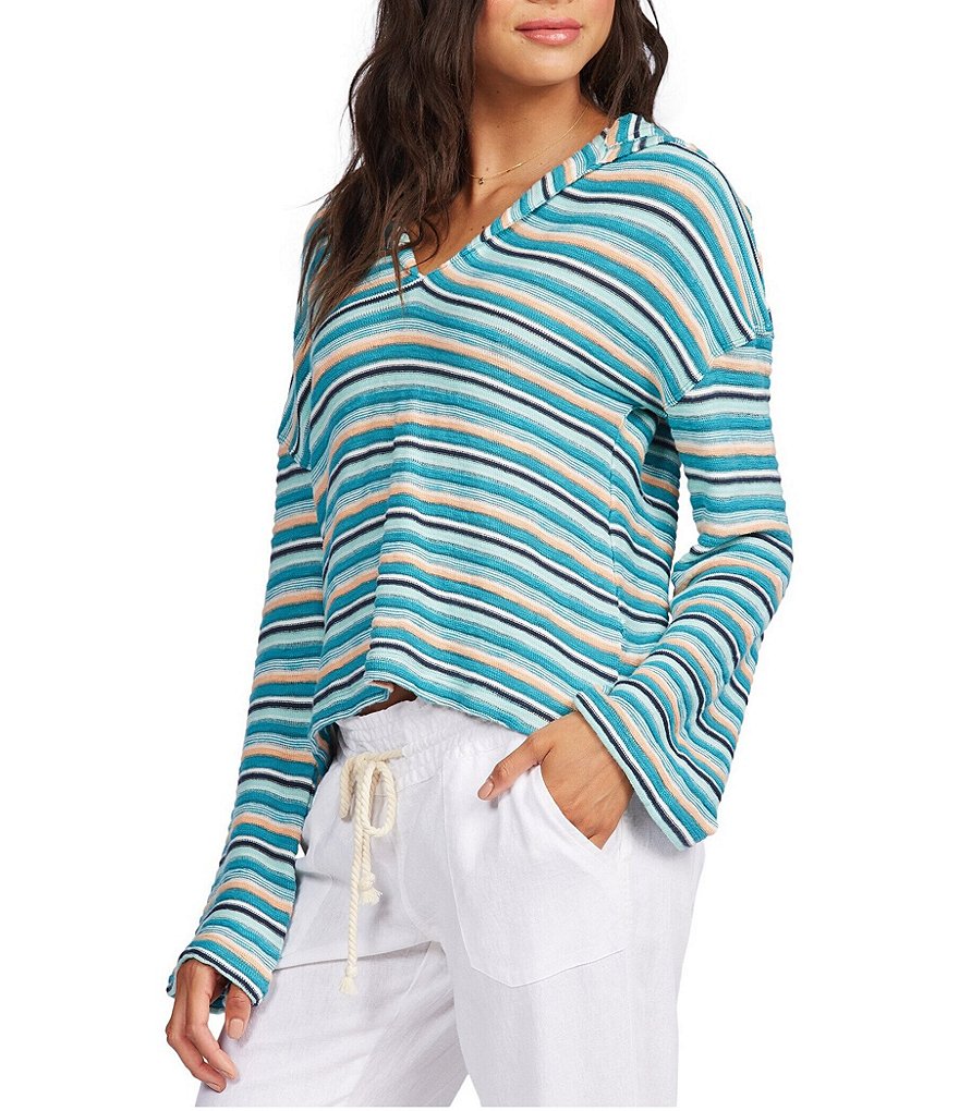 Roxy Bon Fire Long-Sleeve Textured Rib-Knit Striped Hoodie