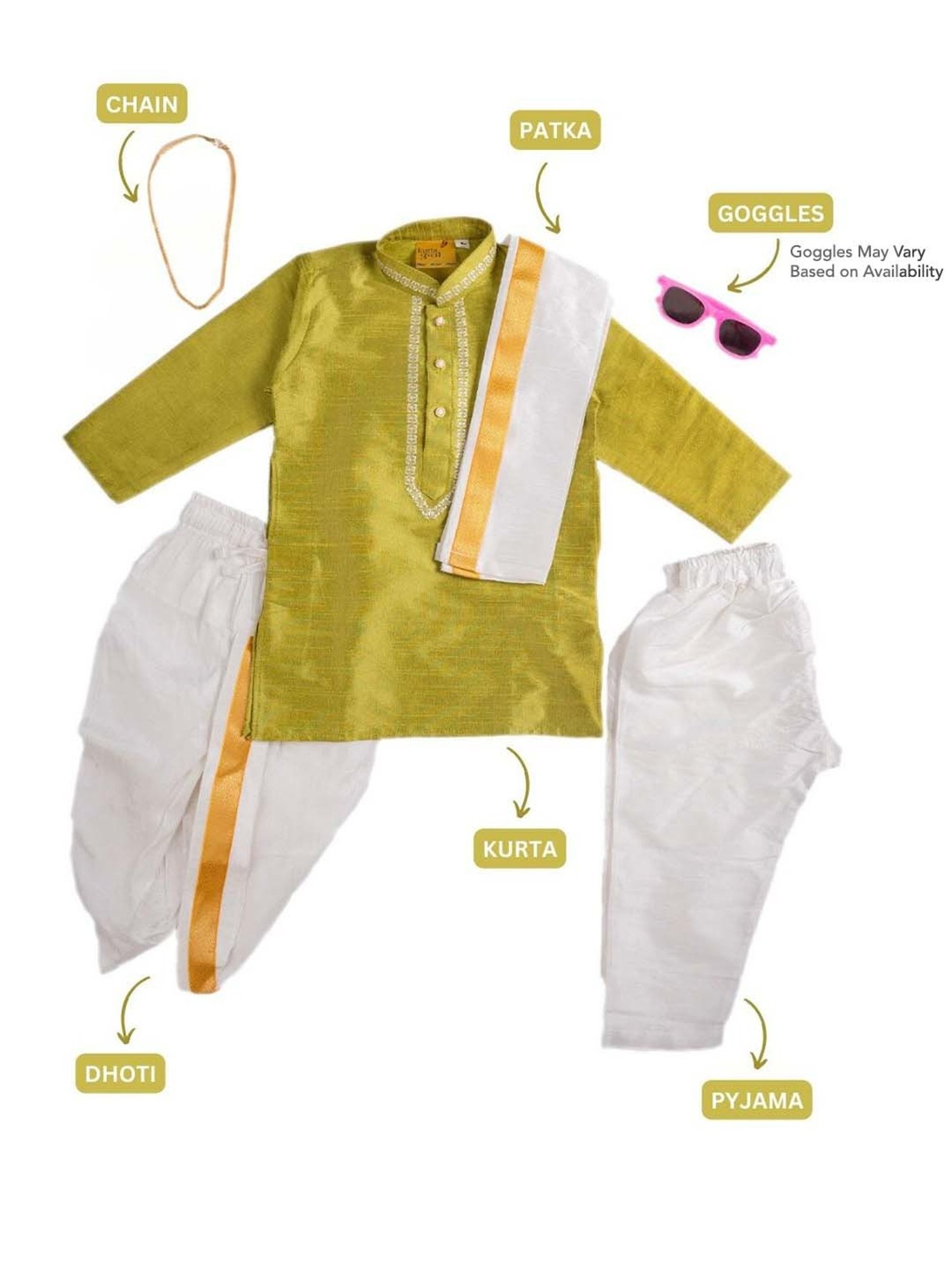 Baby Moo Kids Green & White Regular Fit Full Sleeves Kurta Set