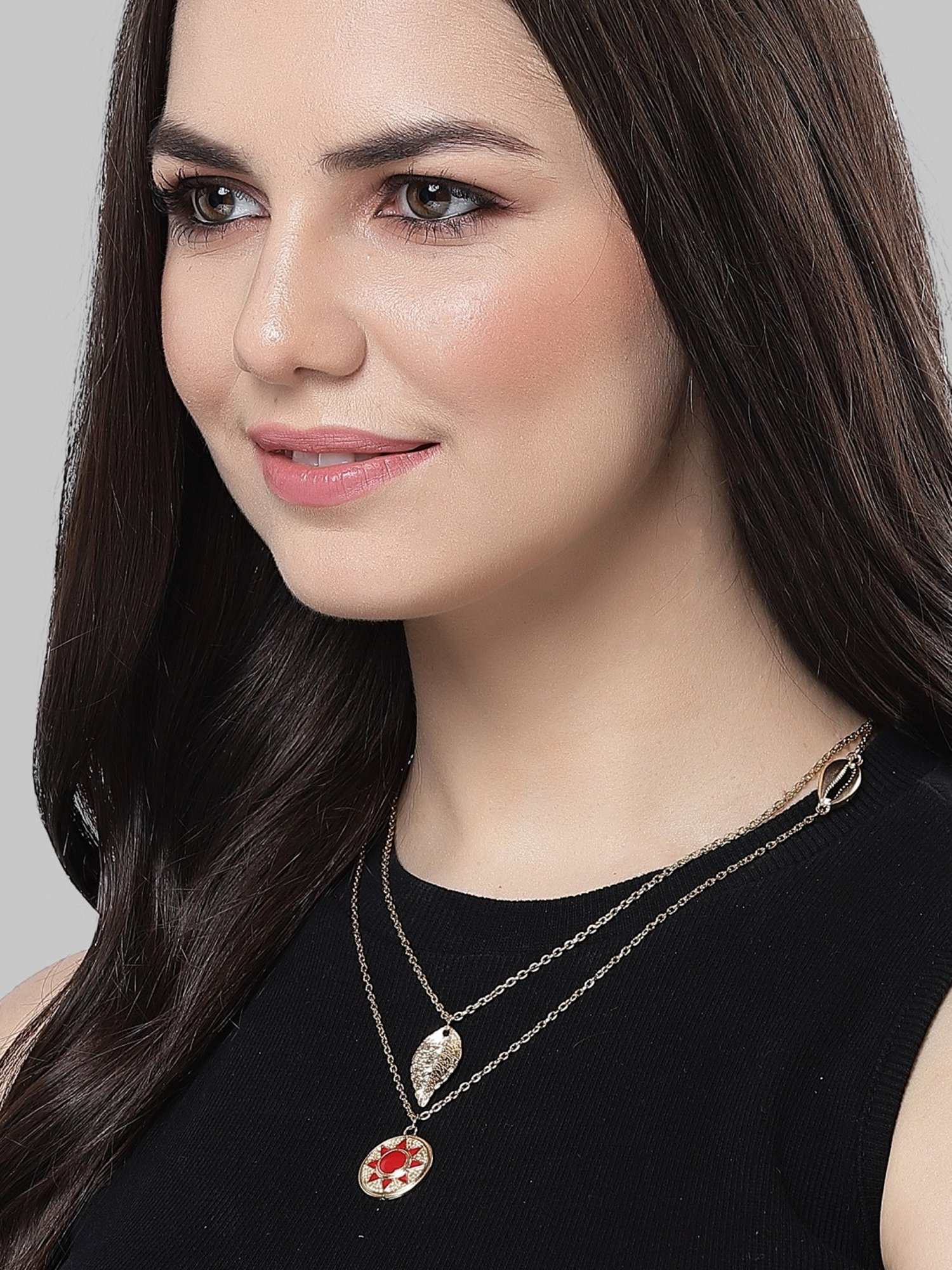 Karatcart Golden Red Meena Sun and Leaf Multicharm Multilayered Chain Women