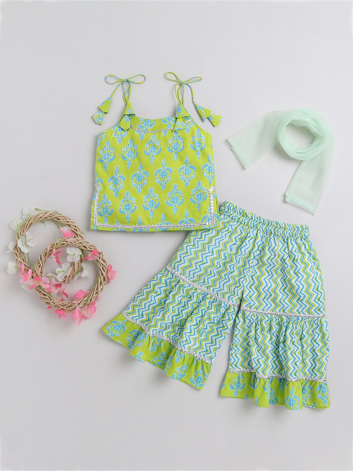 Many Frocks Kids Green & White Printed Kurta, Sharara with Dupatta