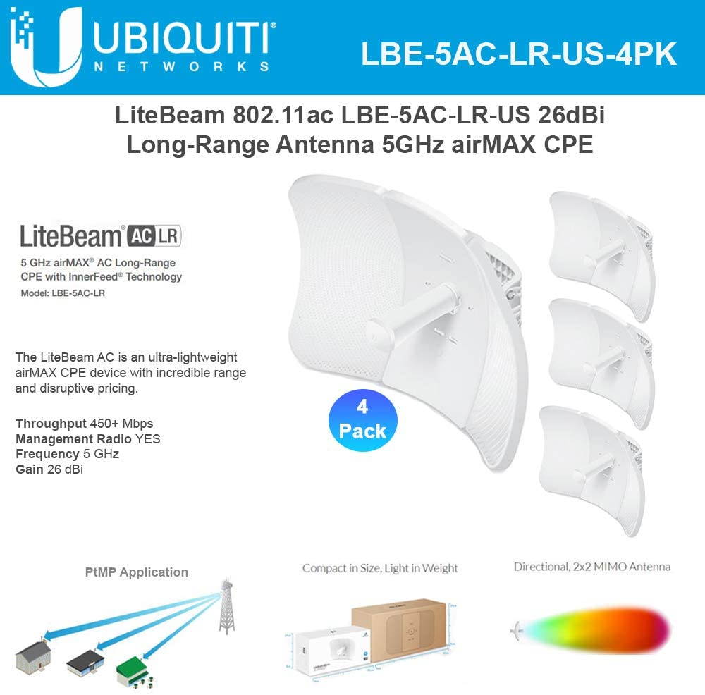 LiteBeam AC LR LBE-5AC-LR-US 26 dBi 5 GHz airMAX AC Long-Range CPE with InnerFeed Technology (4-Pack)