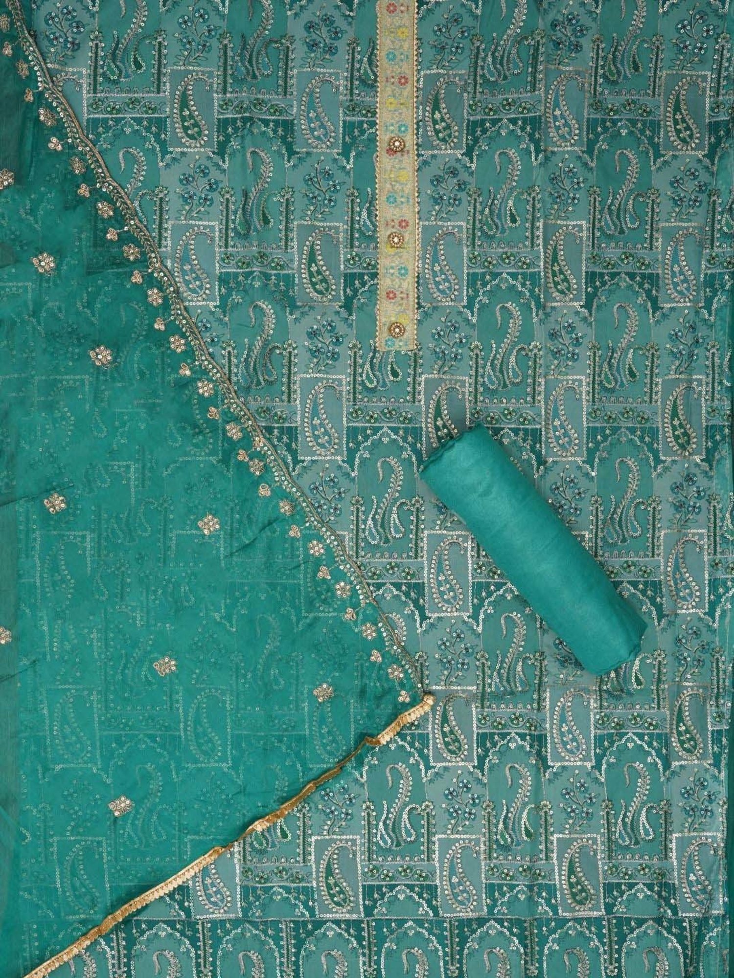 Jaipur Kurti Turquoise Embroidered Unstitched Dress Material