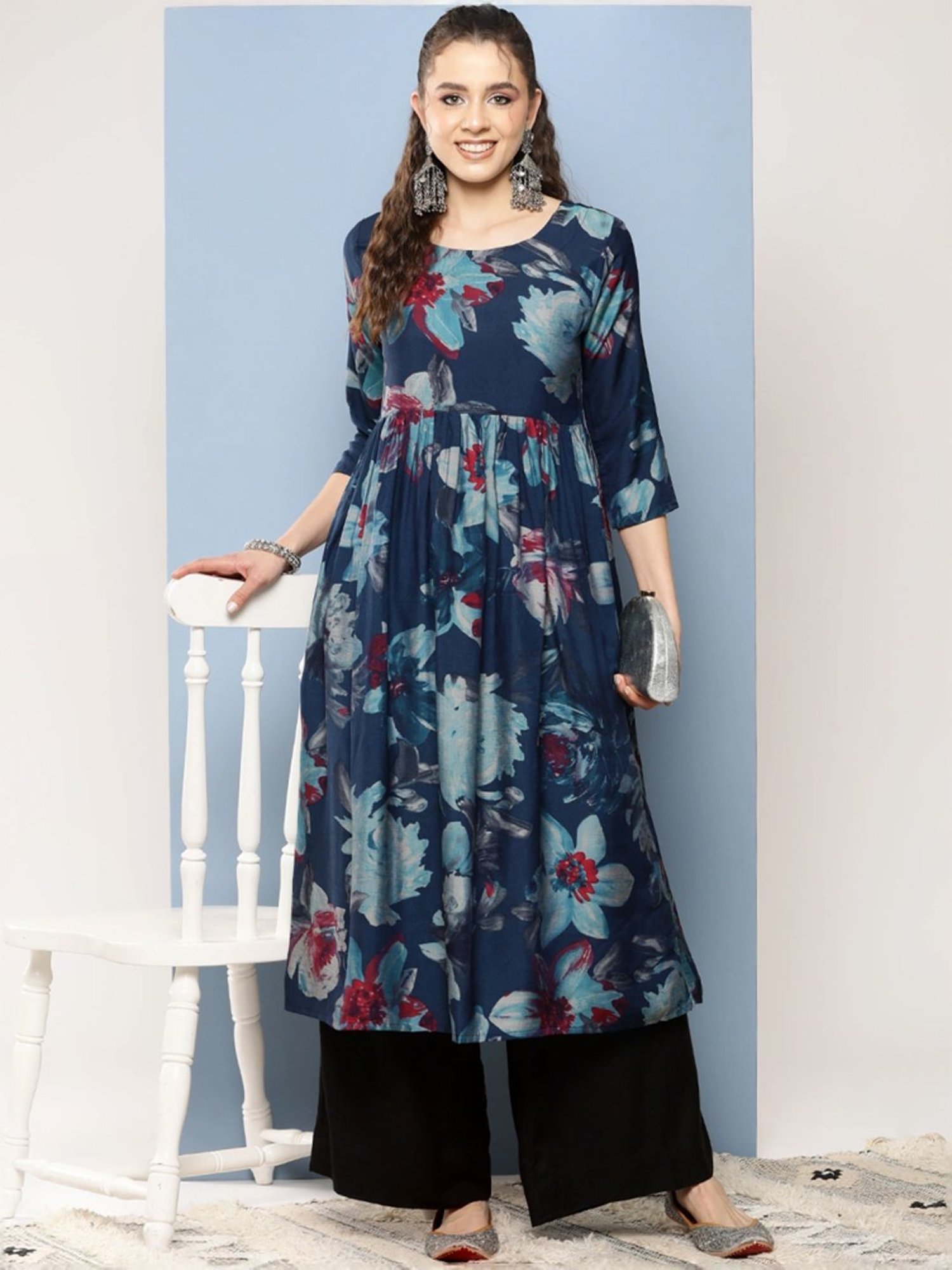 Aarika Blue Floral Print A Line Kurta