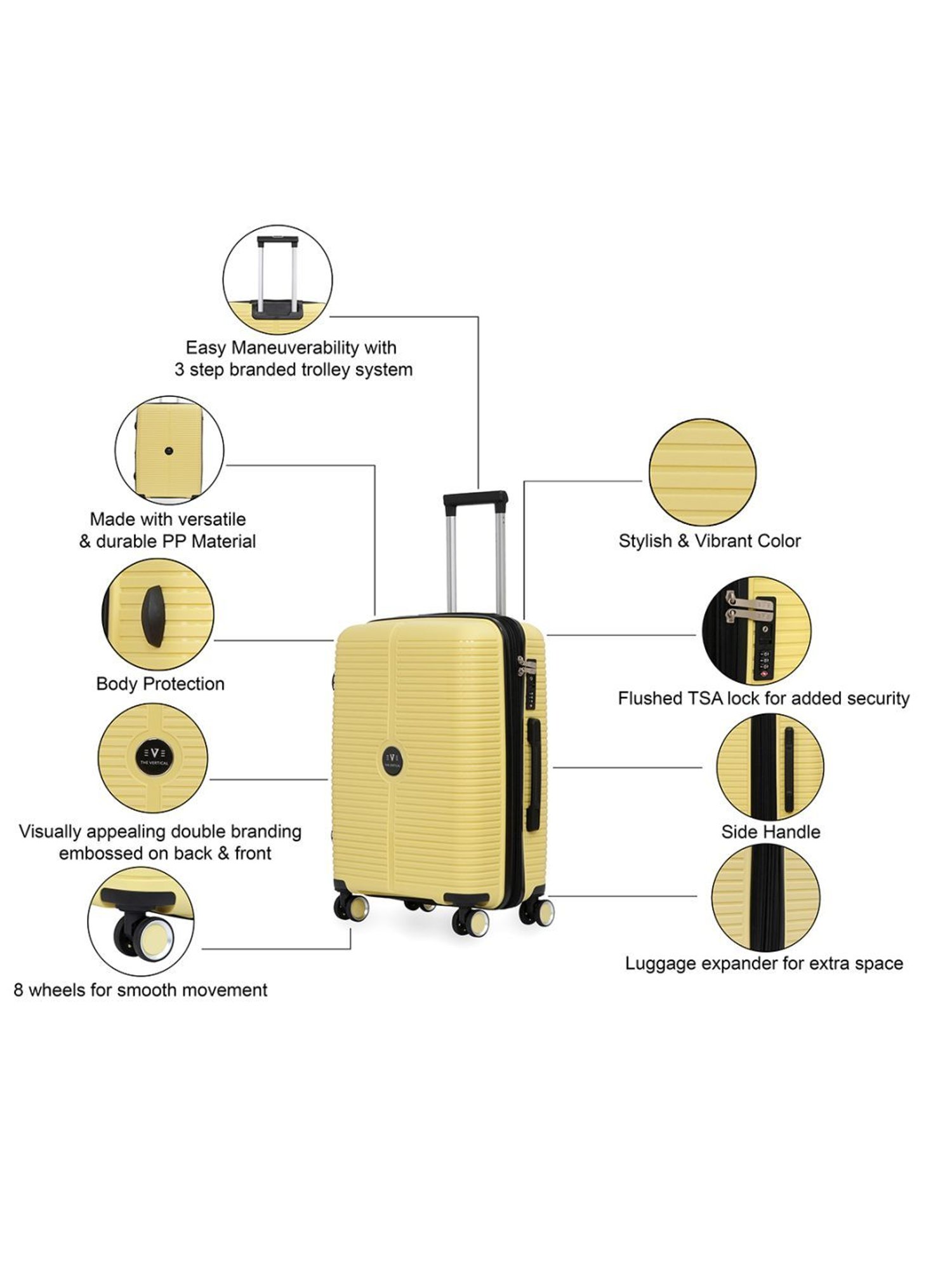 The Vertical Stellar Yellow Wheels 8 Medium Hard Cabin Trolley Bag