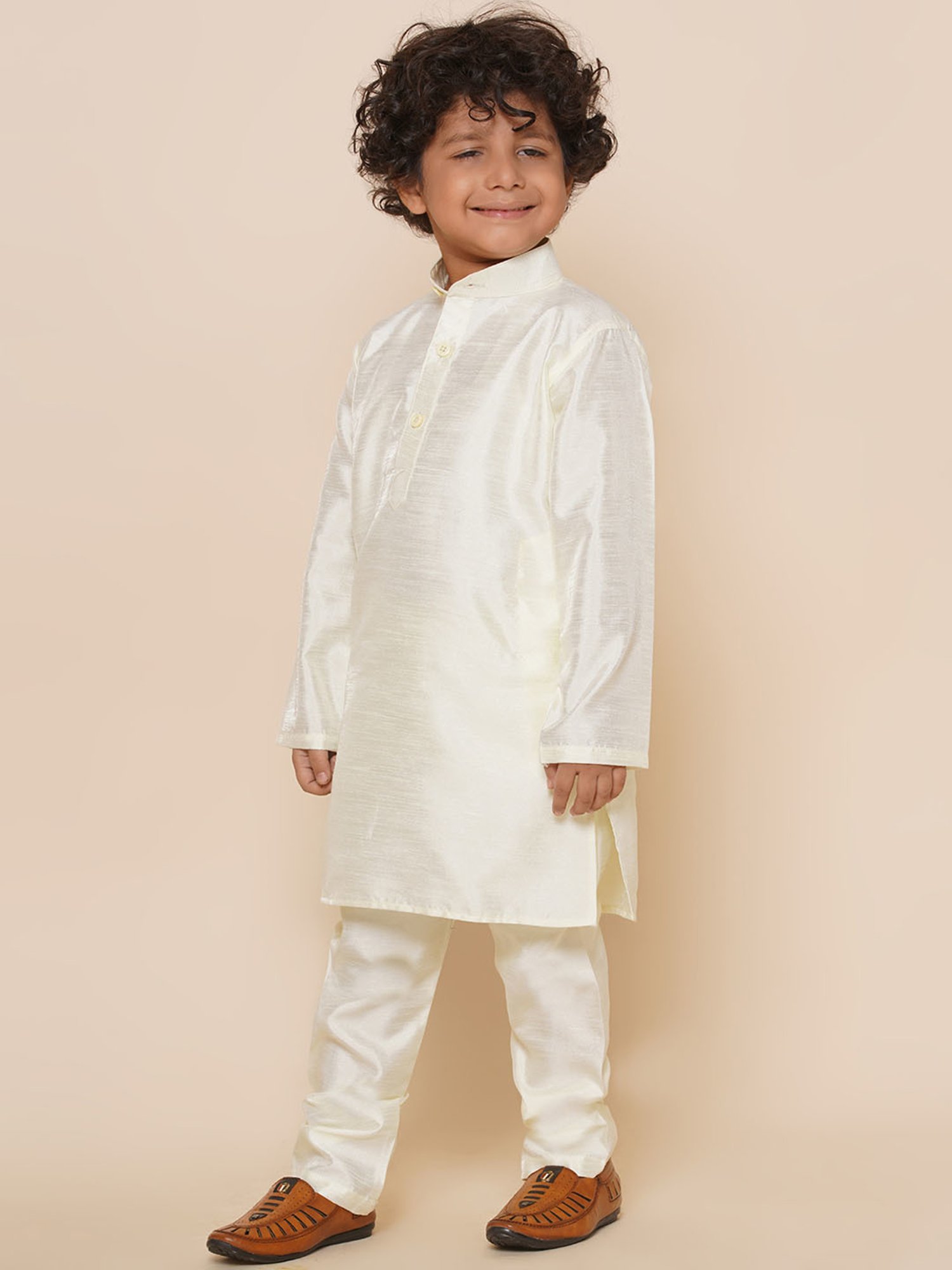 AJ Dezines Kids Light Yellow Solid Full Sleeves Kurta with Pyjamas