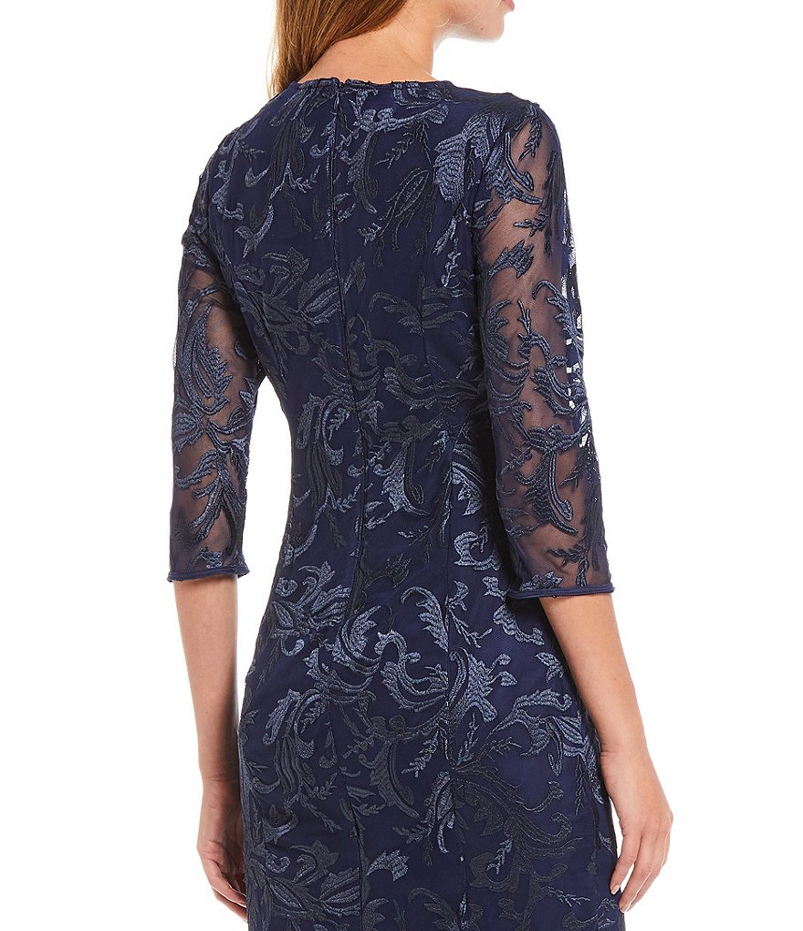 JS Collections Cecily Illusion Lace Jewel Neck 3/4 Sleeve Midi Sheath Dress