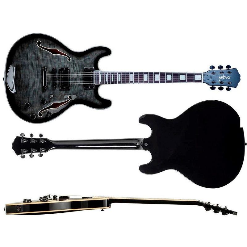 Monoprice Indio Boardwalk Flamed Maple Hollow Body Electric Guitar - Charcoal, With Gig Bag