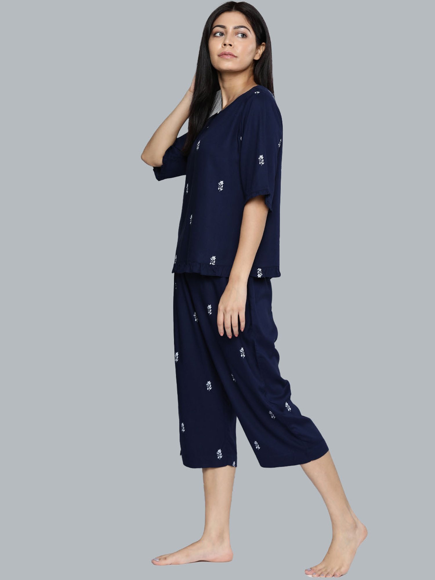 Chemistry Navy Embroidered Top With Capris Set