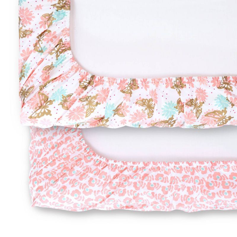 The Peanutshell Playard Sheets - Pink and Gold Butterfly/Pink Ditsy Floral 2pk