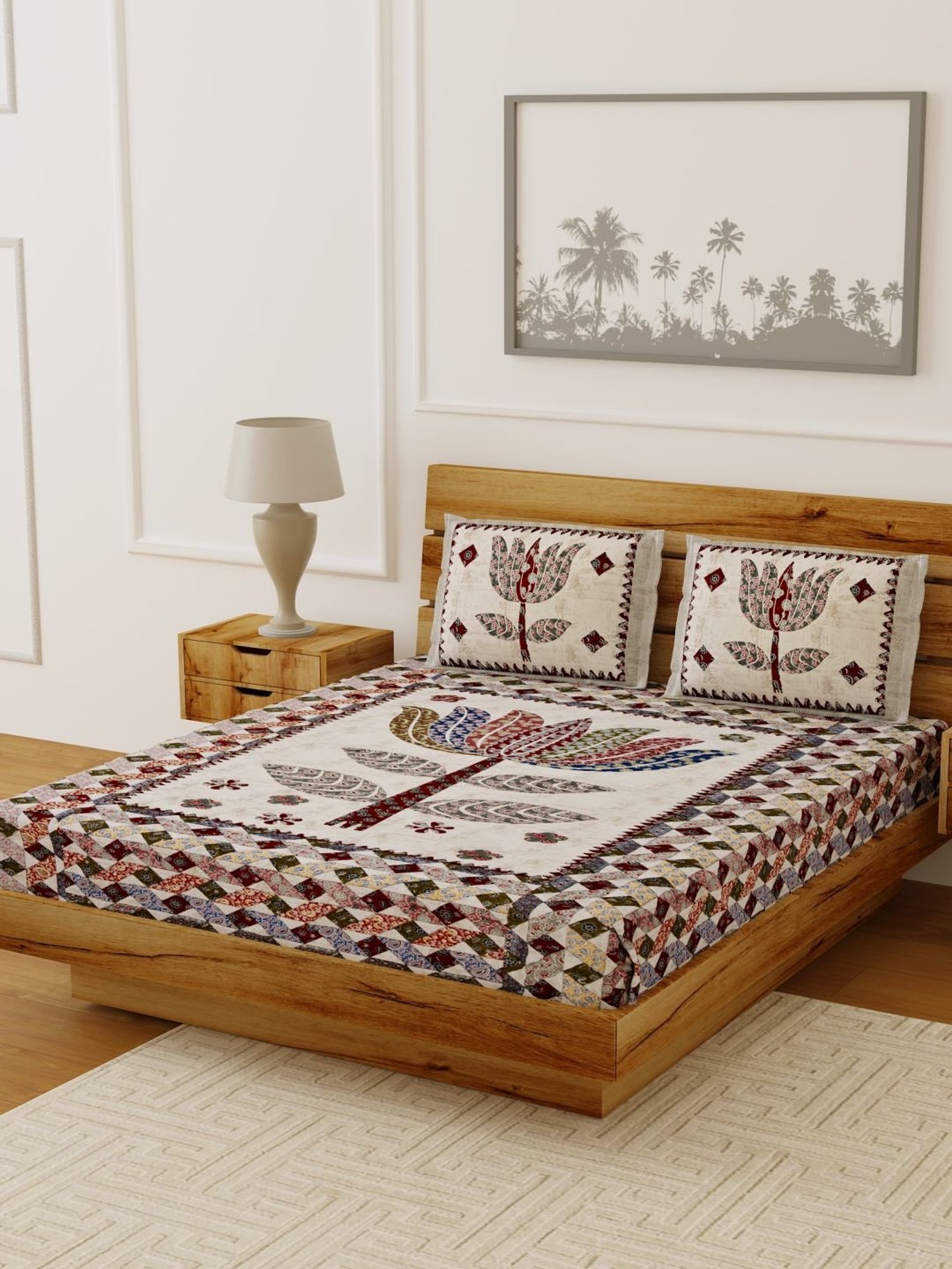 Living Roots Multicolor Jaipuri Printed Cotton Bed Sheet with 2 Pillow Cover