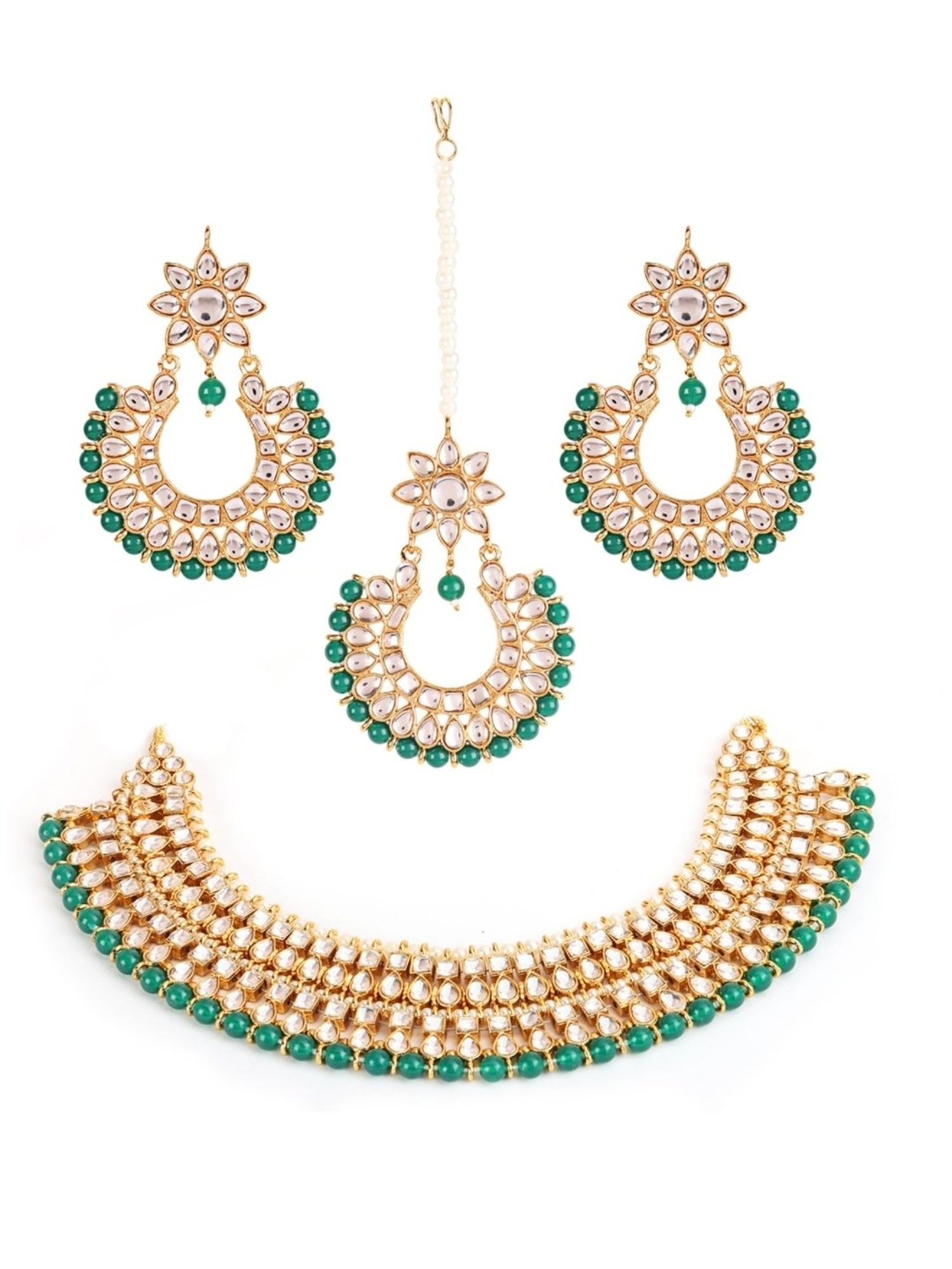 Aatmana Gold-Plated Green & White Kundan-Studded Choker Necklace Set for Women